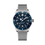 The Breitling Superocean Heritage B31 Automatic 40 Kelly Slater wristwatch features a blue patterned dial and mesh metal strap, showcased against a black background.