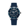 The Breitling Superocean Heritage B31 Automatic 40 Kelly Slater features a blue strap, a patterned blue dial, and silver markers and hands.