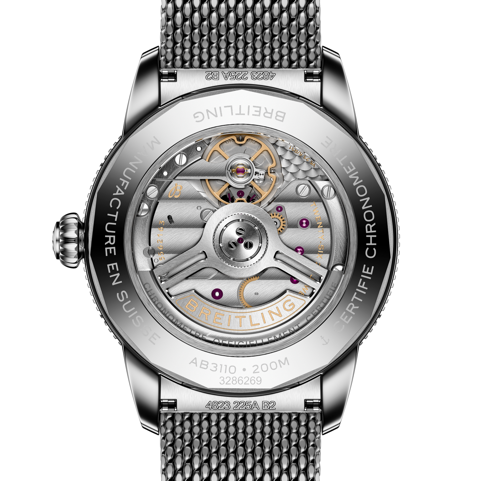 Back view of the Breitling Superocean Heritage B31 Automatic 40 revealing its intricate exposed mechanical movement and engraved details.