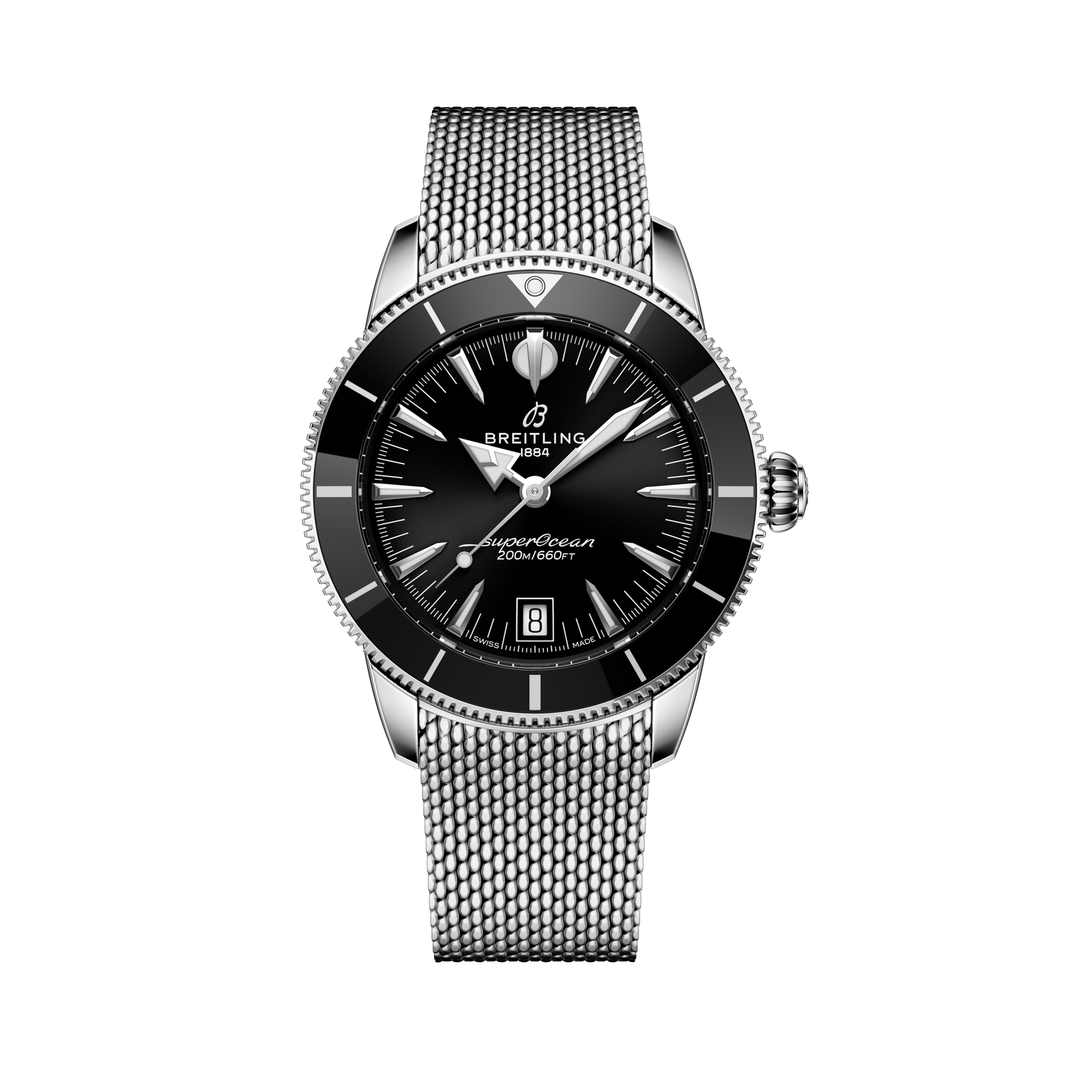A Breitling Superocean Heritage B31 Automatic 40 wristwatch with a black dial and silver mesh strap is displayed against a black background.