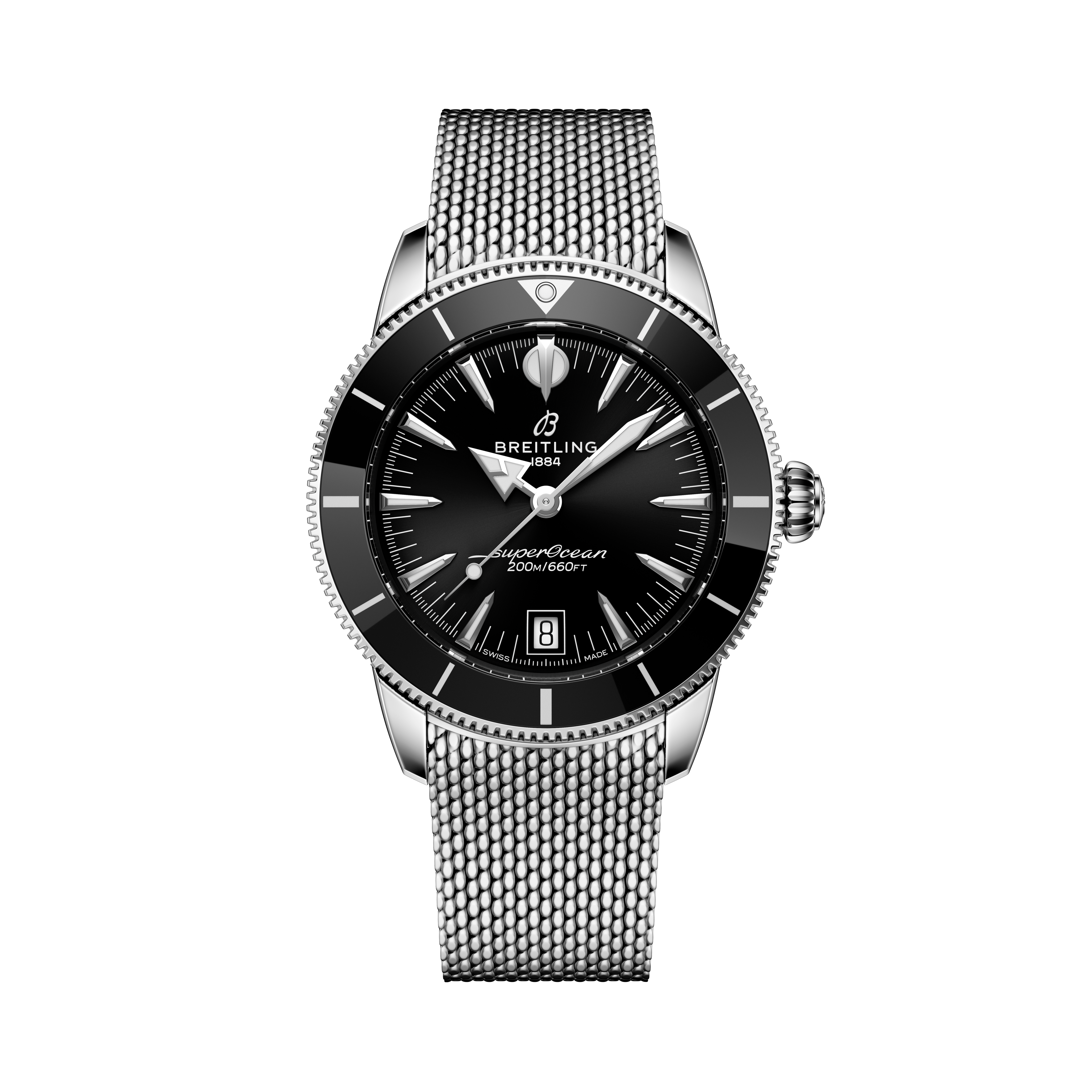 A Breitling Superocean Heritage B31 Automatic 40 wristwatch with a black dial and silver mesh strap is displayed against a black background.