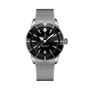 A Breitling Superocean Heritage B31 Automatic 40 wristwatch with a black dial and silver mesh strap is displayed against a black background.