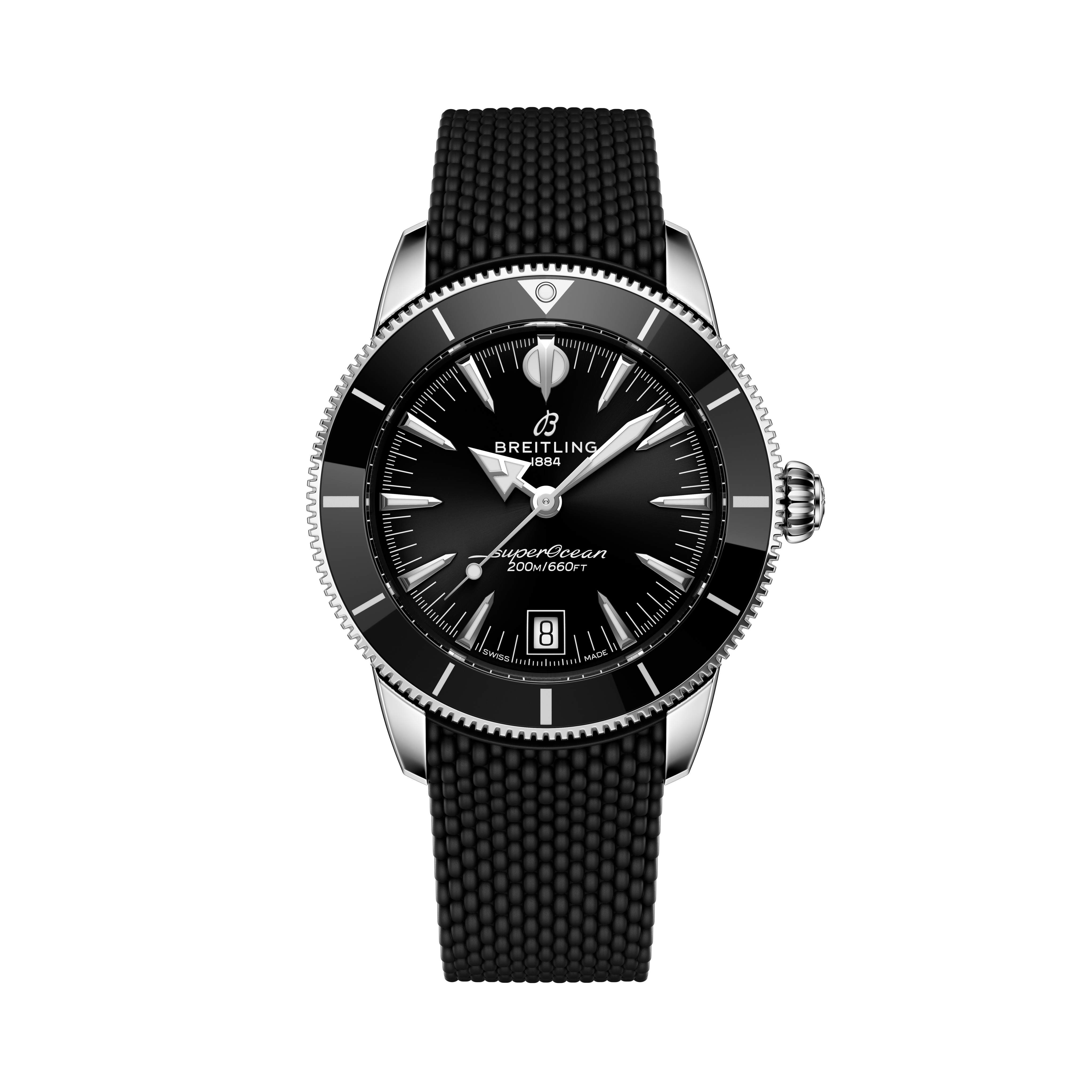 A Breitling Superocean Heritage B31 Automatic 40 wristwatch with a black strap and silver details is shown on a black background.