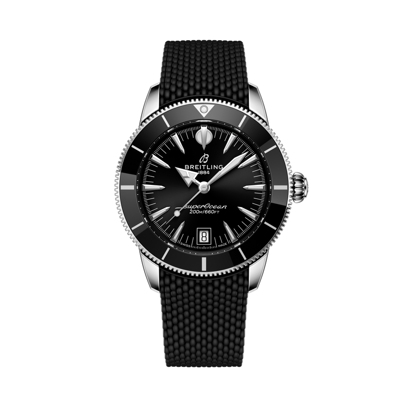 A Breitling Superocean Heritage B31 Automatic 40 wristwatch with a black strap and silver details is shown on a black background.