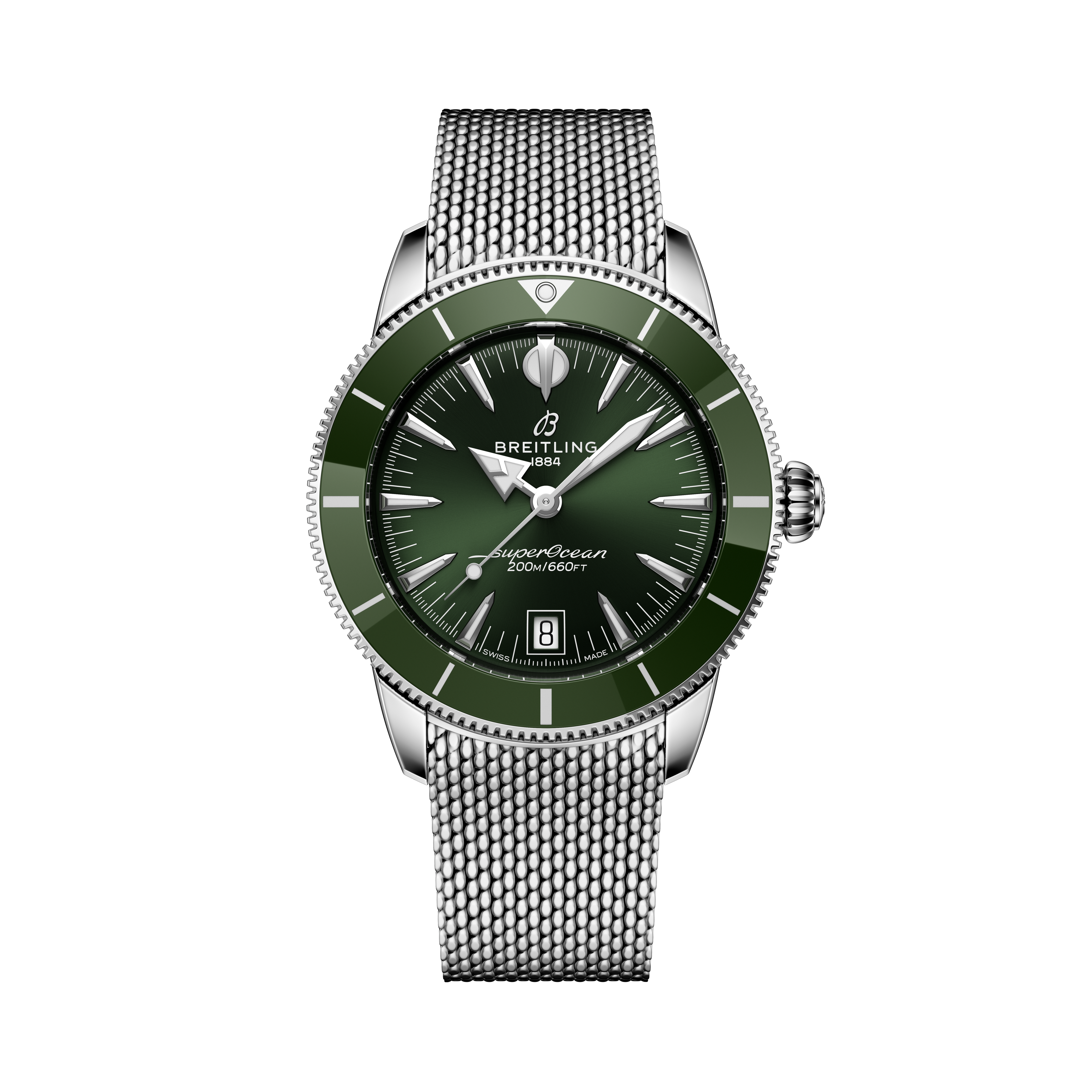 The Breitling Superocean Heritage B31 Automatic 40 features a green dial, mesh stainless steel band, and a date display at 6 o’clock.