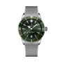 The Breitling Superocean Heritage B31 Automatic 40 features a green dial, mesh stainless steel band, and a date display at 6 o’clock.