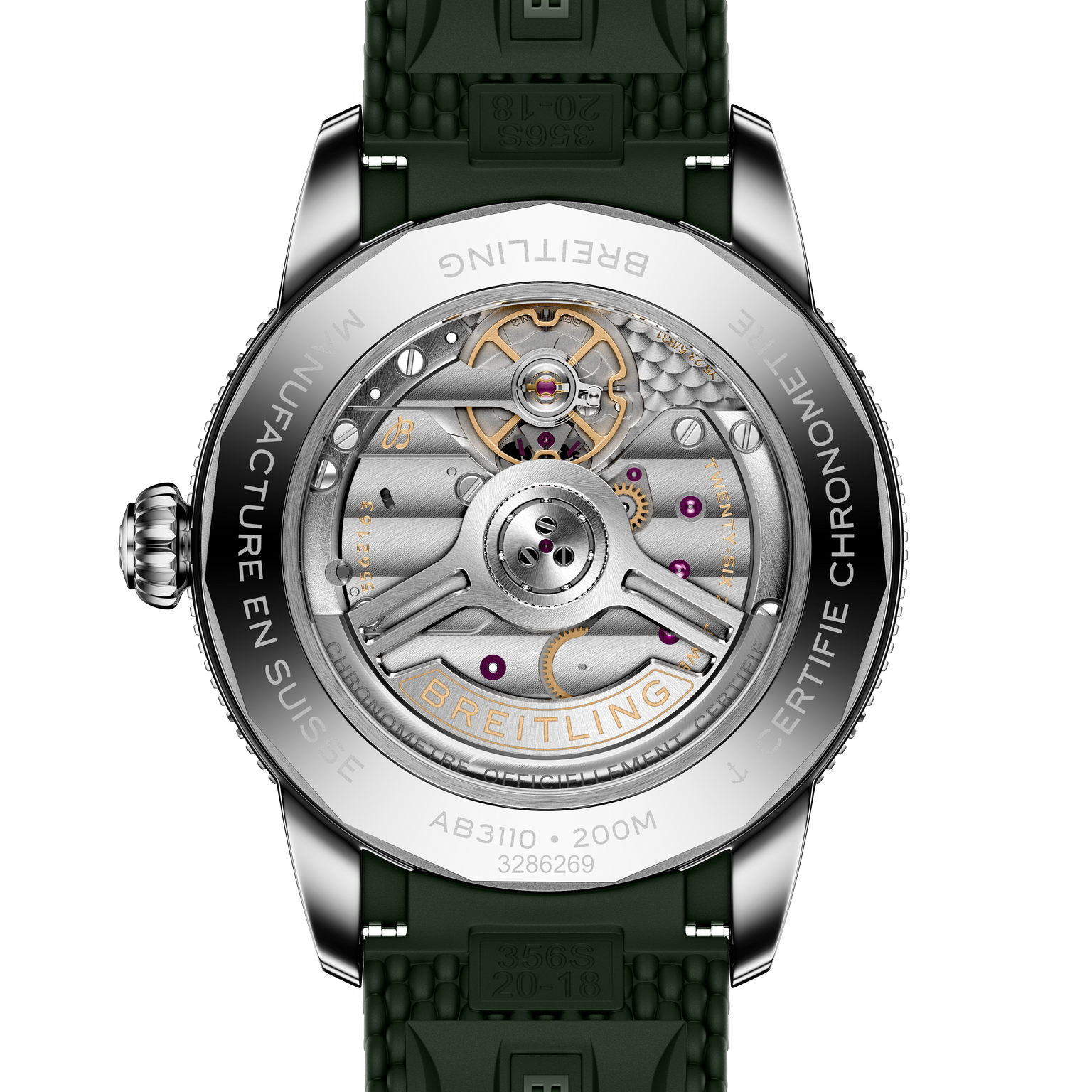 Close-up of the Breitling Superocean Heritage B31 Automatic 40’s transparent caseback, revealing its intricate mechanical movement and engravings.