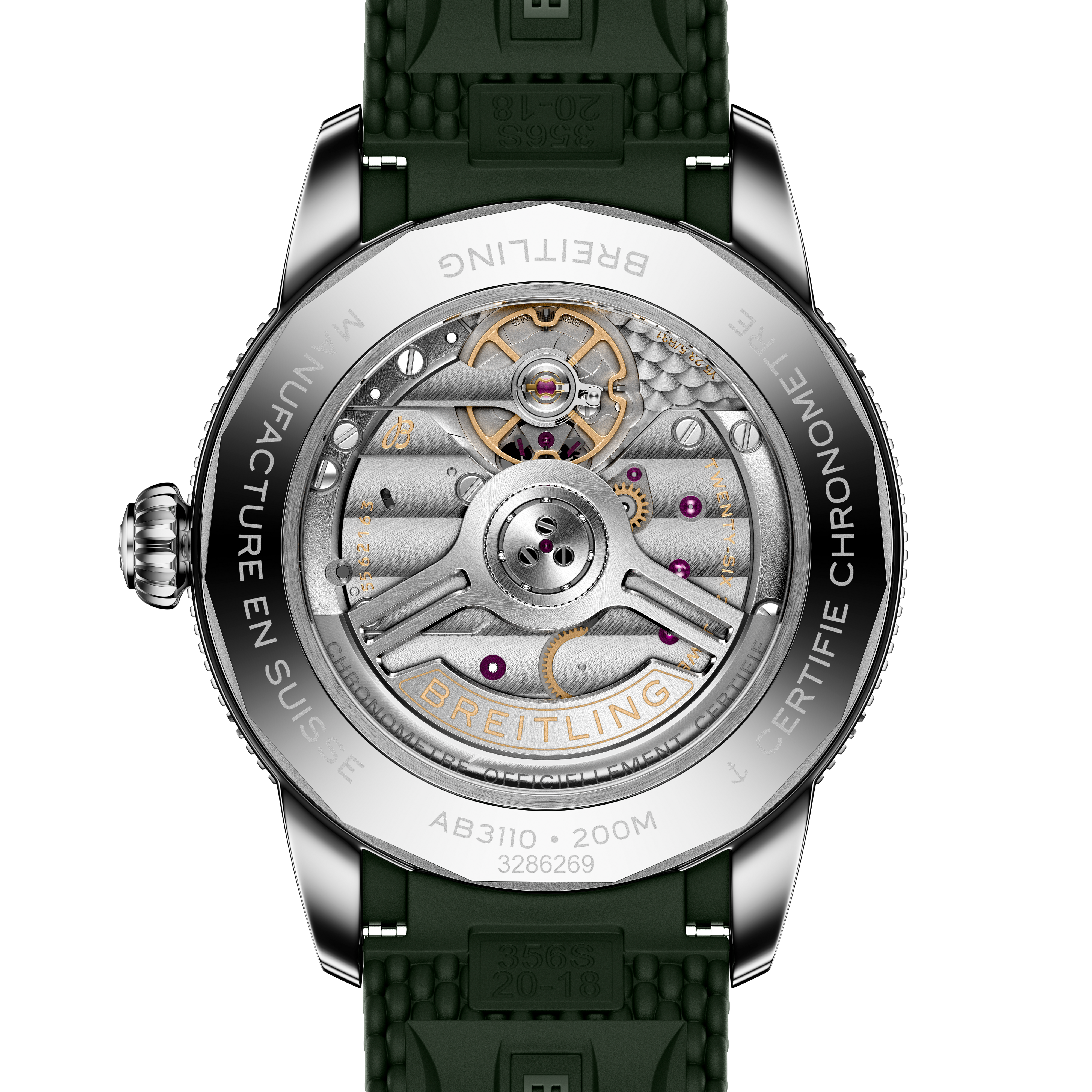 Close-up of the Breitling Superocean Heritage B31 Automatic 40’s transparent caseback, revealing its intricate mechanical movement and engravings.