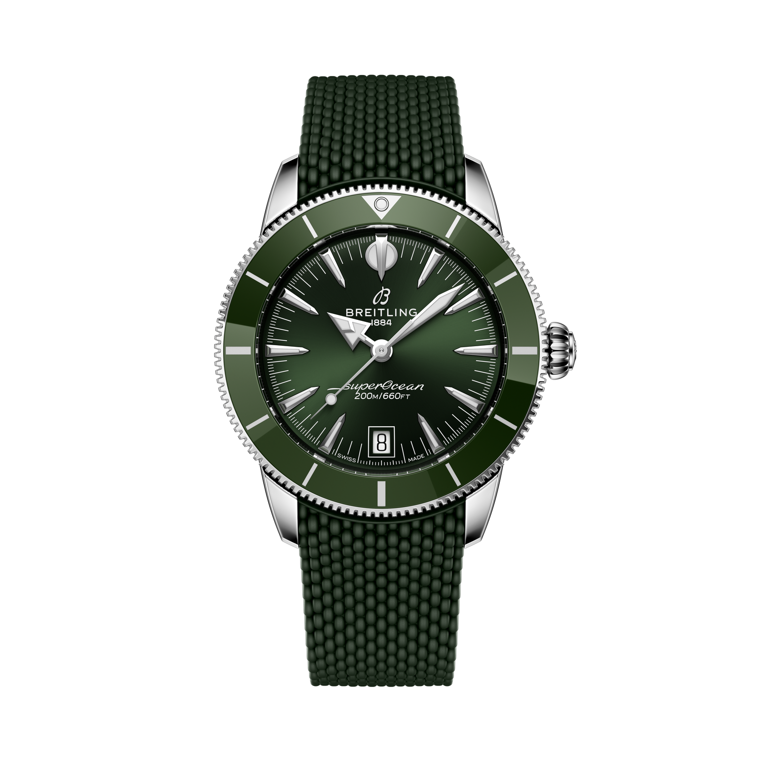 The Breitling Superocean Heritage B31 Automatic 40 is a green wristwatch with a green strap, silver bezel, black dial, and displays the time 10:10.