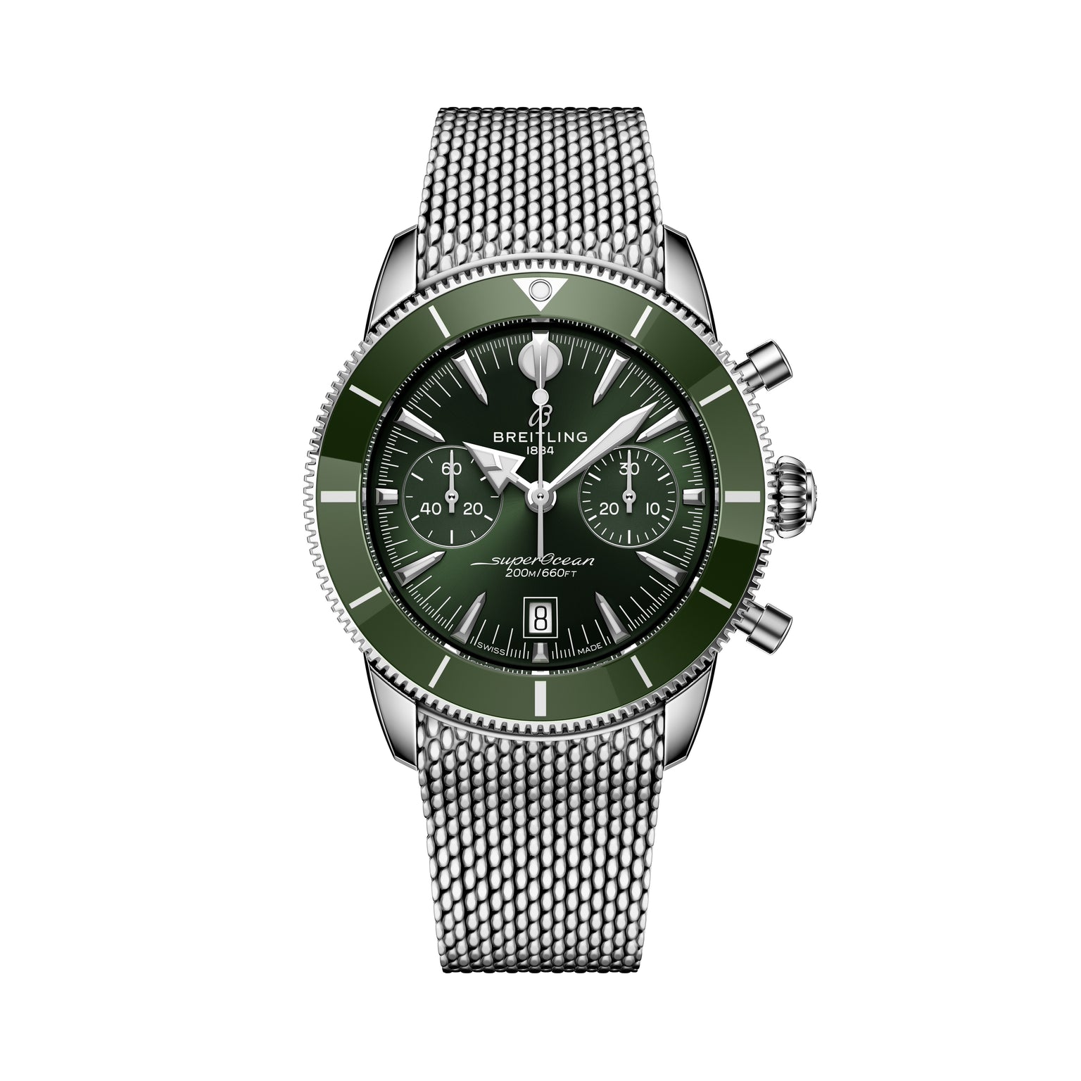 The Breitling Superocean Heritage B01 Chronograph 42 features a green dial, silver mesh bracelet, luminous hands, and a date display.