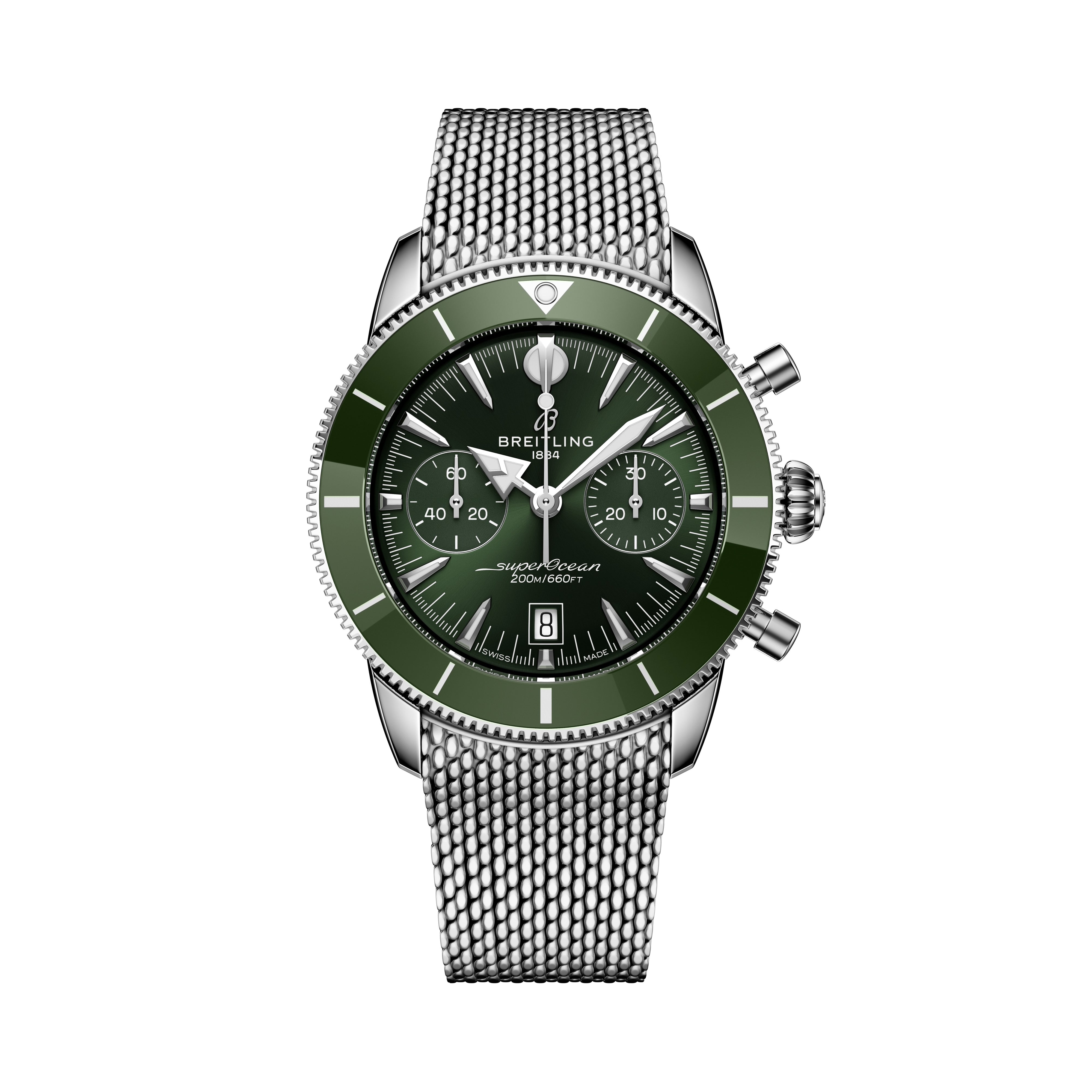 The Breitling Superocean Heritage B01 Chronograph 42 features a green dial, silver mesh bracelet, luminous hands, and a date display.