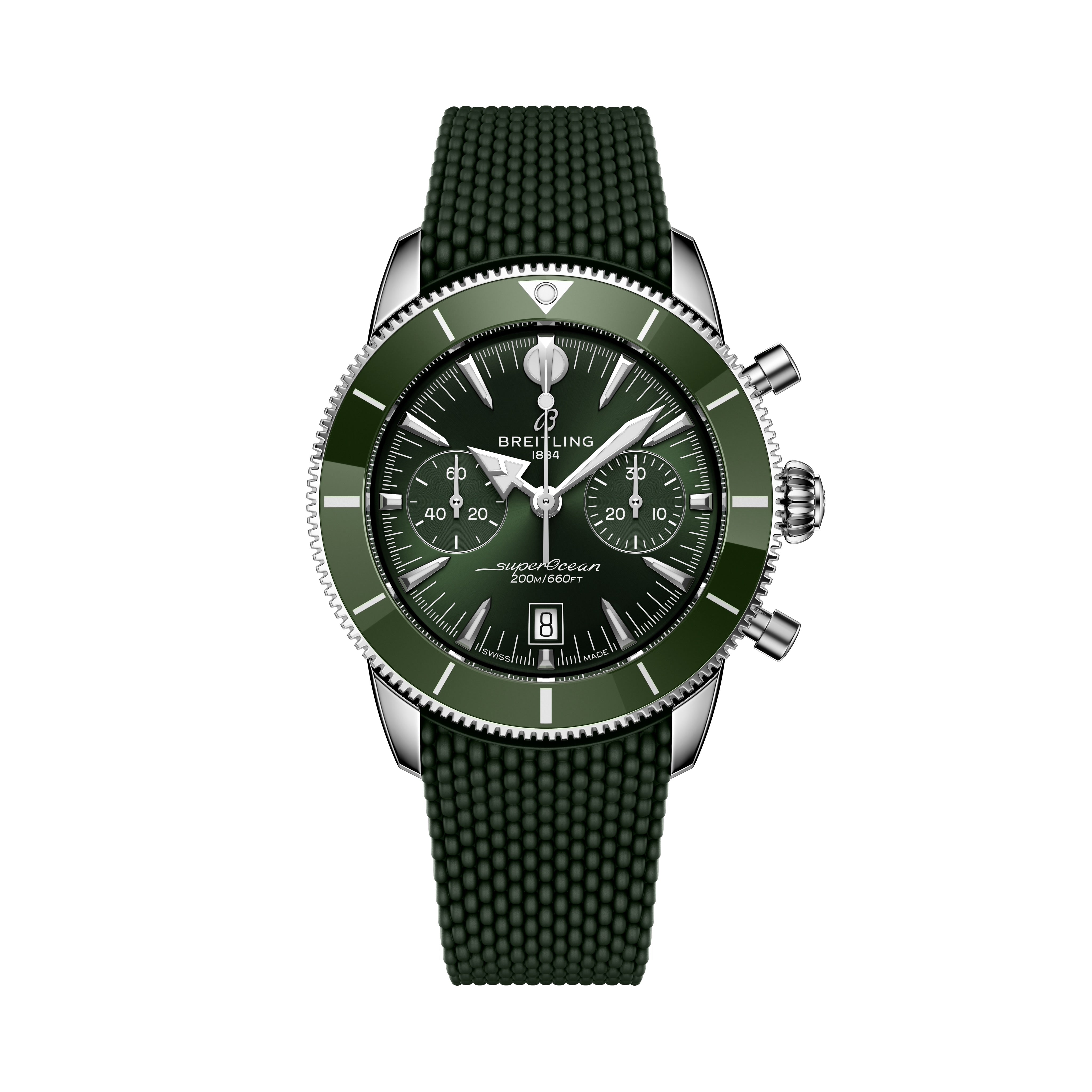 The Breitling Superocean Heritage B01 Chronograph 42 wristwatch features a green textured strap, chronograph subdials, and silver accents, showcased on a white background.