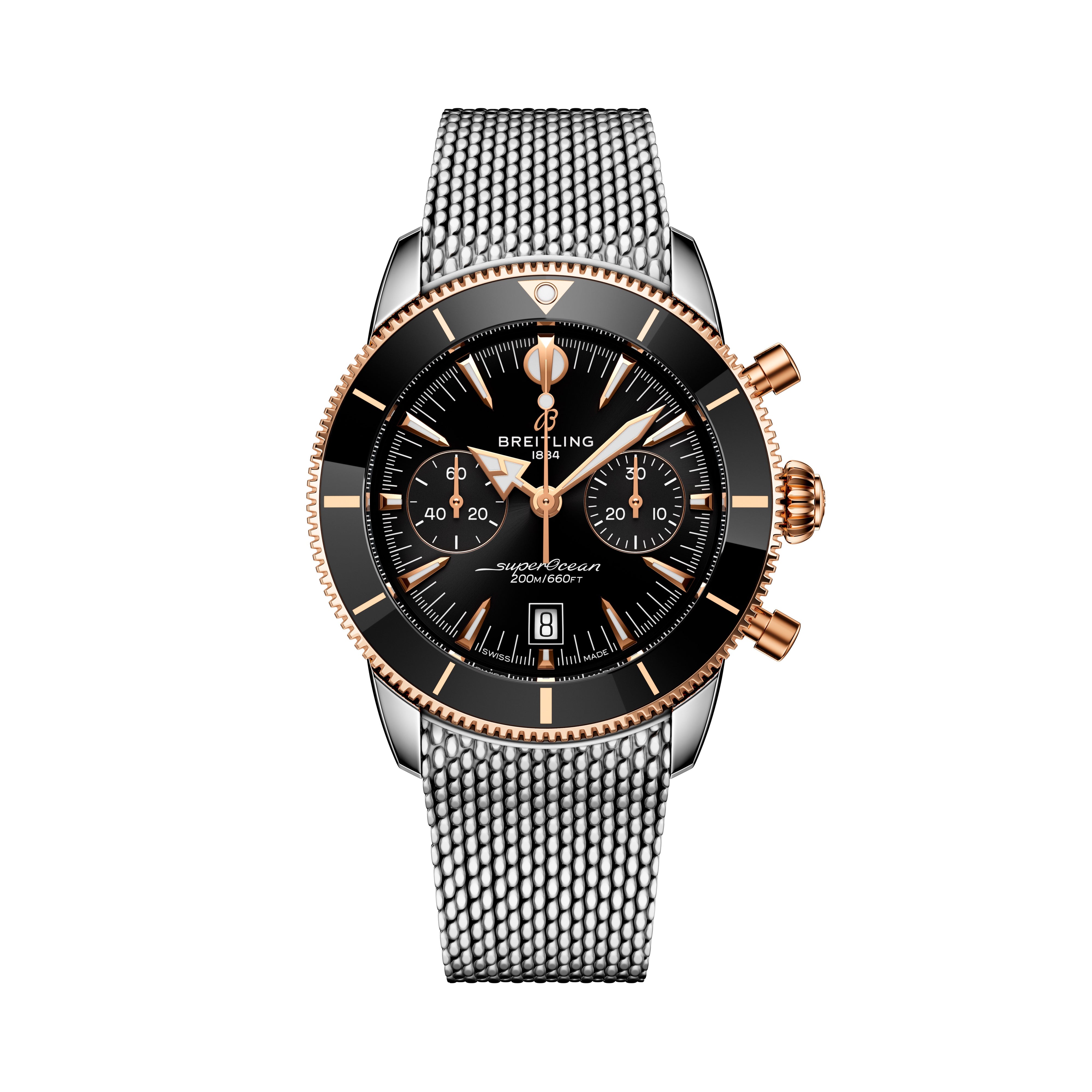 The Breitling Superocean Heritage B01 Chronograph 42 features a black dial, gold accents, and a silver mesh strap.