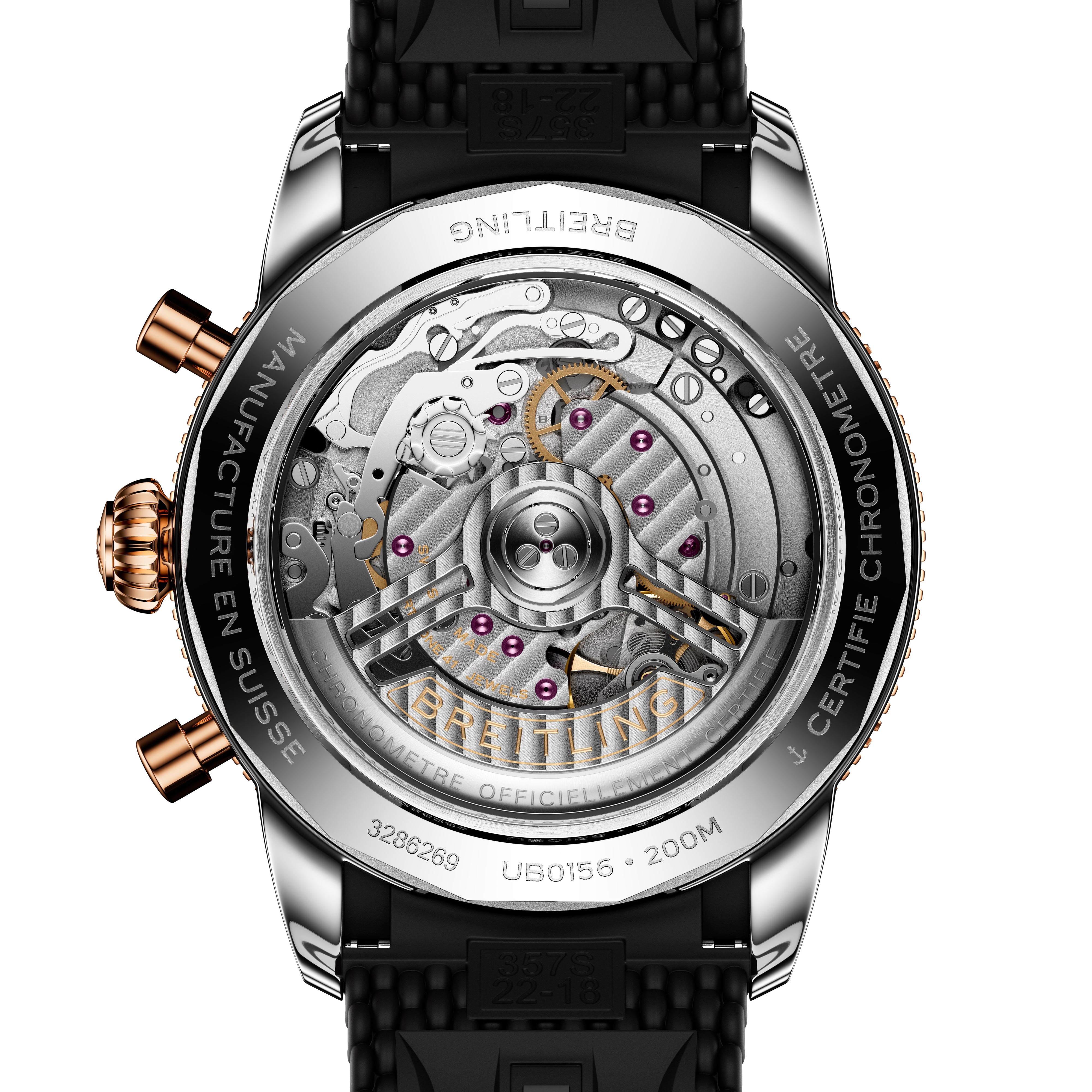 Close-up of a Breitling Superocean Heritage B01 Chronograph 42 watch back, featuring exposed intricate mechanical movement and engraved details.