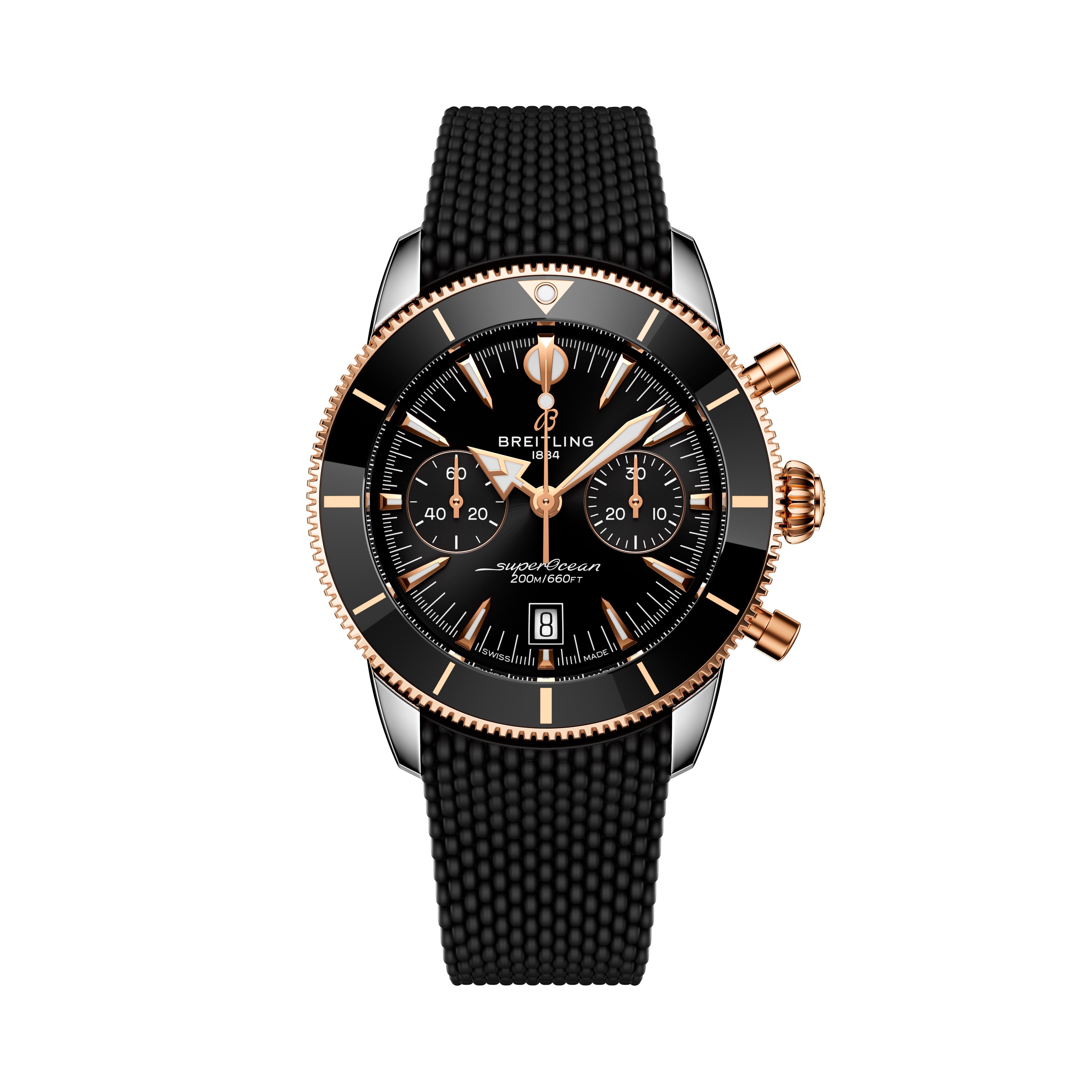 The Breitling Superocean Heritage B01 Chronograph 42 features a black and gold case, three subdials, and a black textured strap.