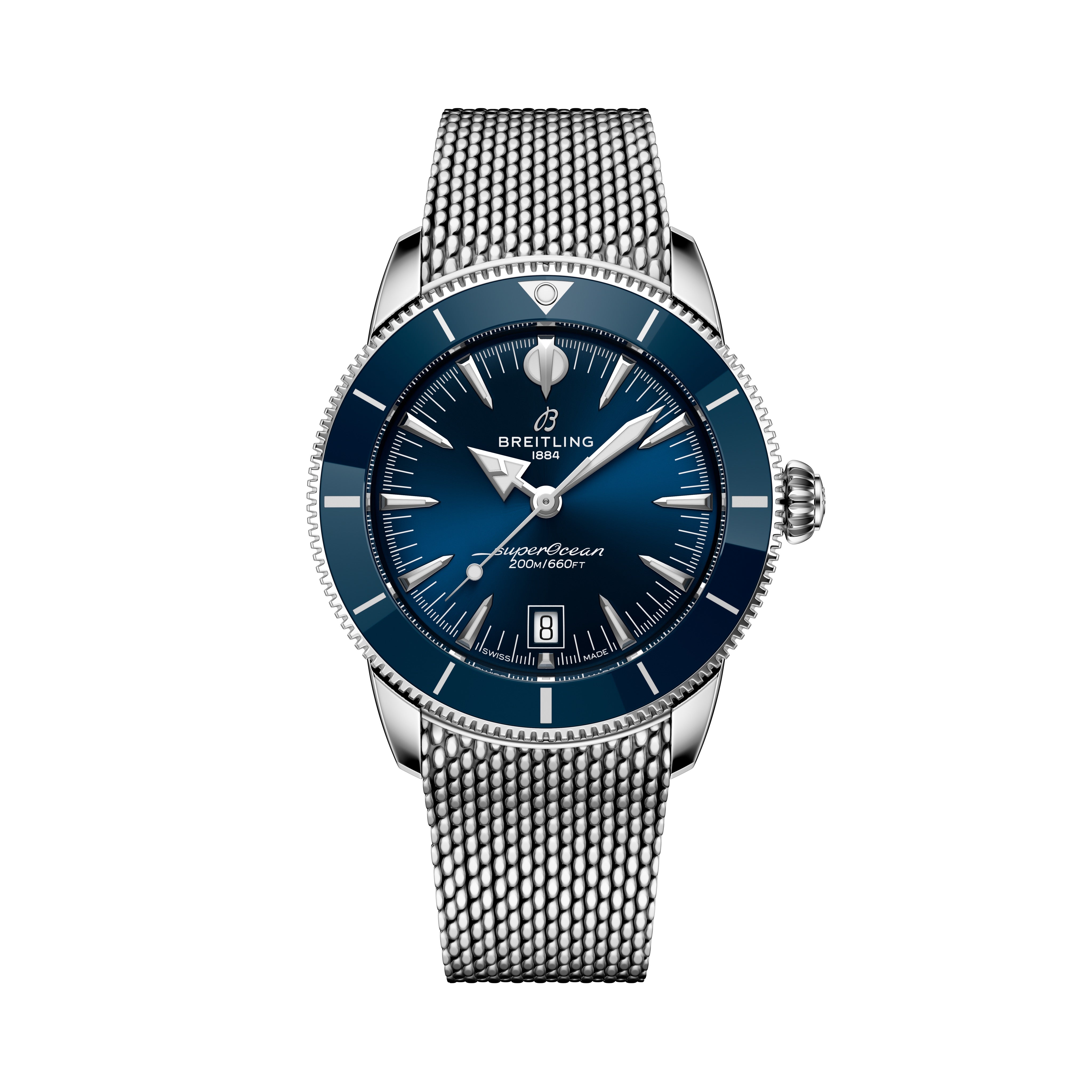 The Breitling Superocean Heritage B31 Automatic 42 features a silver case, blue dial, mesh strap, and date display on a white background.