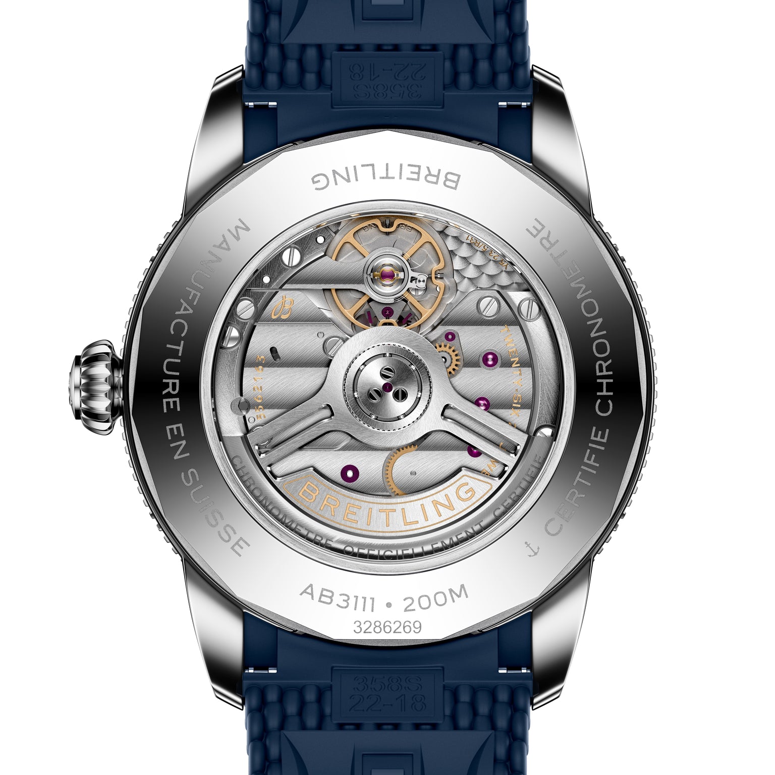 Close-up of a Breitling Superocean Heritage B31 Automatic 42, revealing its intricate mechanical movement through the transparent case back and featuring a blue strap.