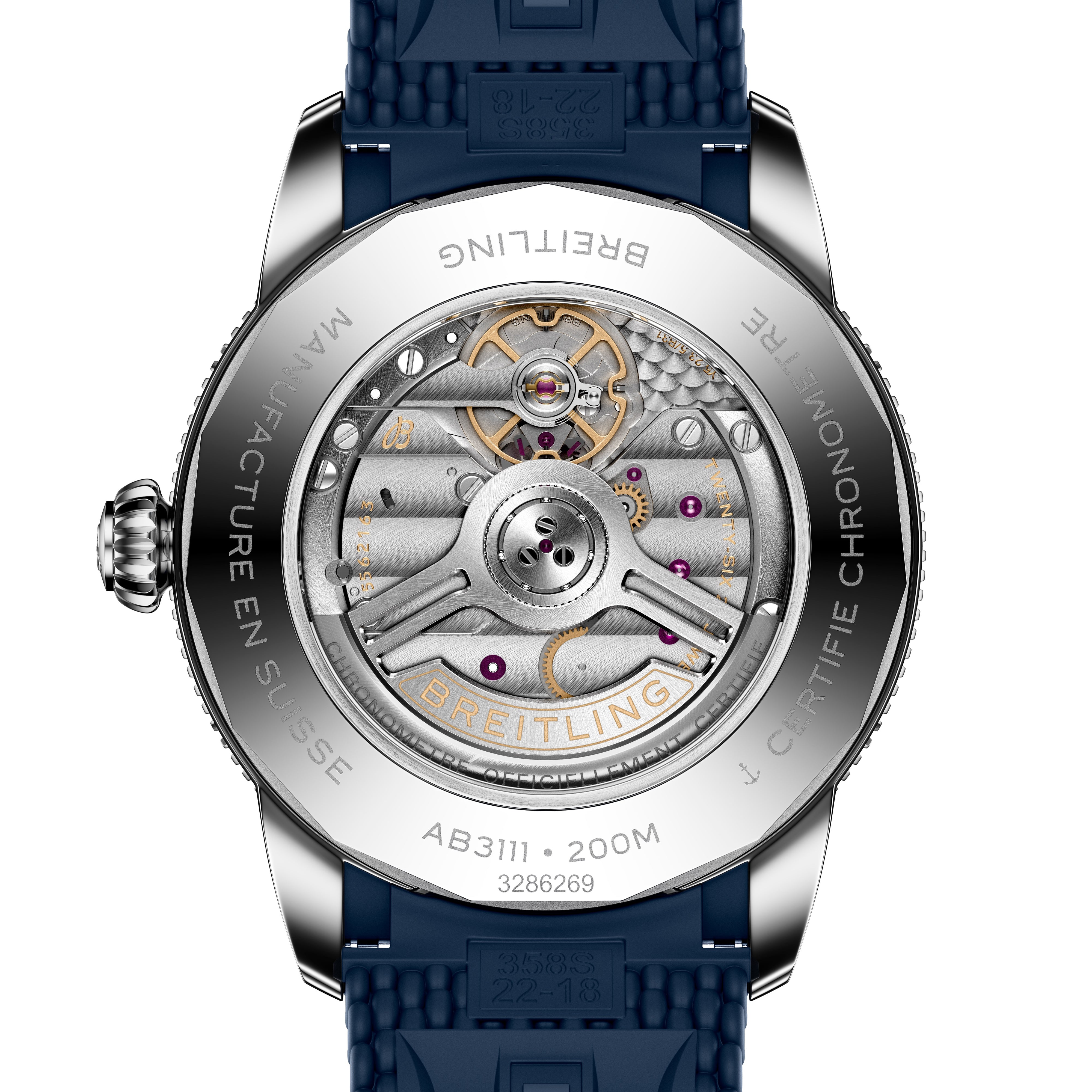 Close-up of a Breitling Superocean Heritage B31 Automatic 42, revealing its intricate mechanical movement through the transparent case back and featuring a blue strap.