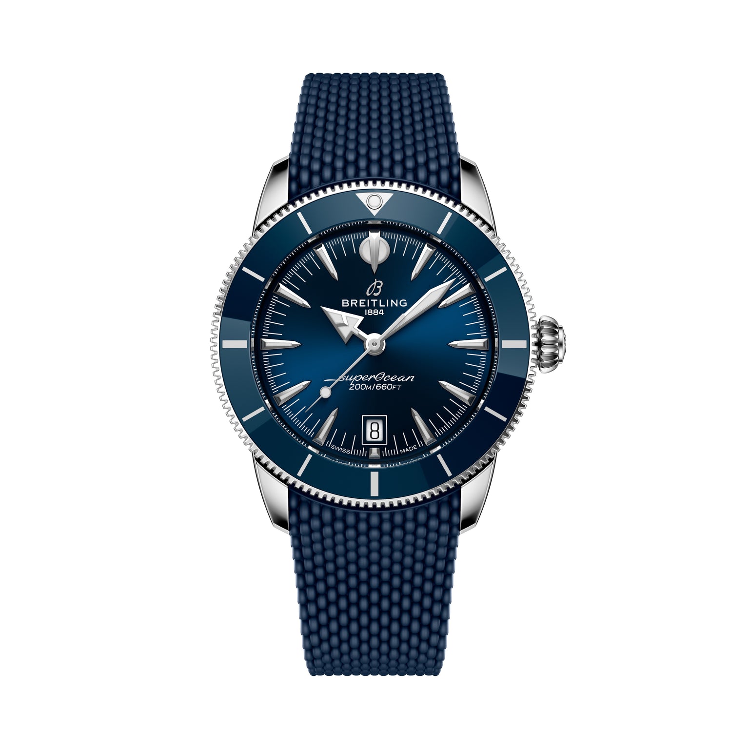 The Breitling Superocean Heritage B31 Automatic 42 wristwatch features a blue dial, textured strap, and date display, shown on a white background.