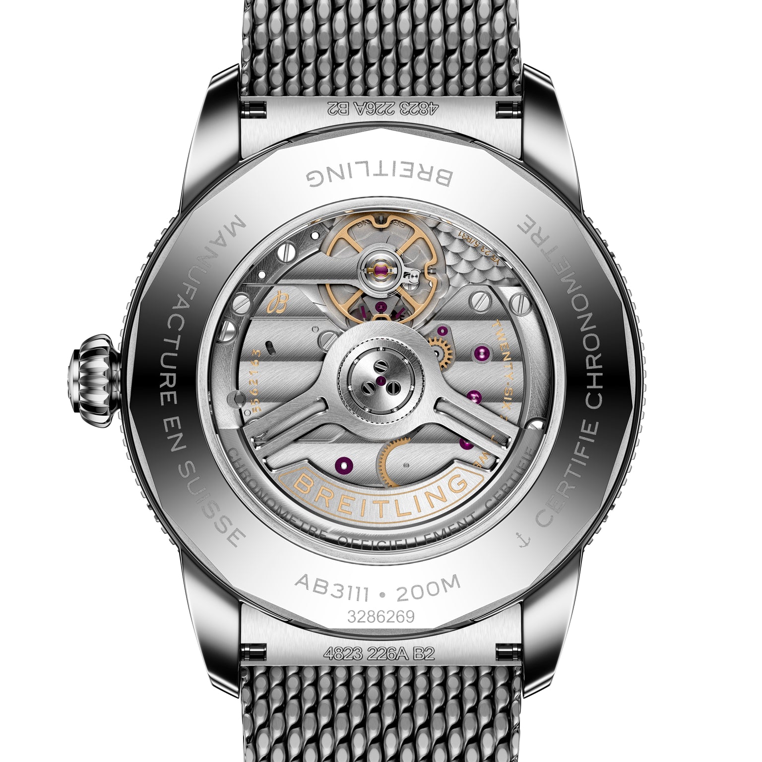 Close-up of the back of a Breitling Superocean Heritage B31 Automatic 42, featuring an exposed mechanical movement and a metal mesh strap.