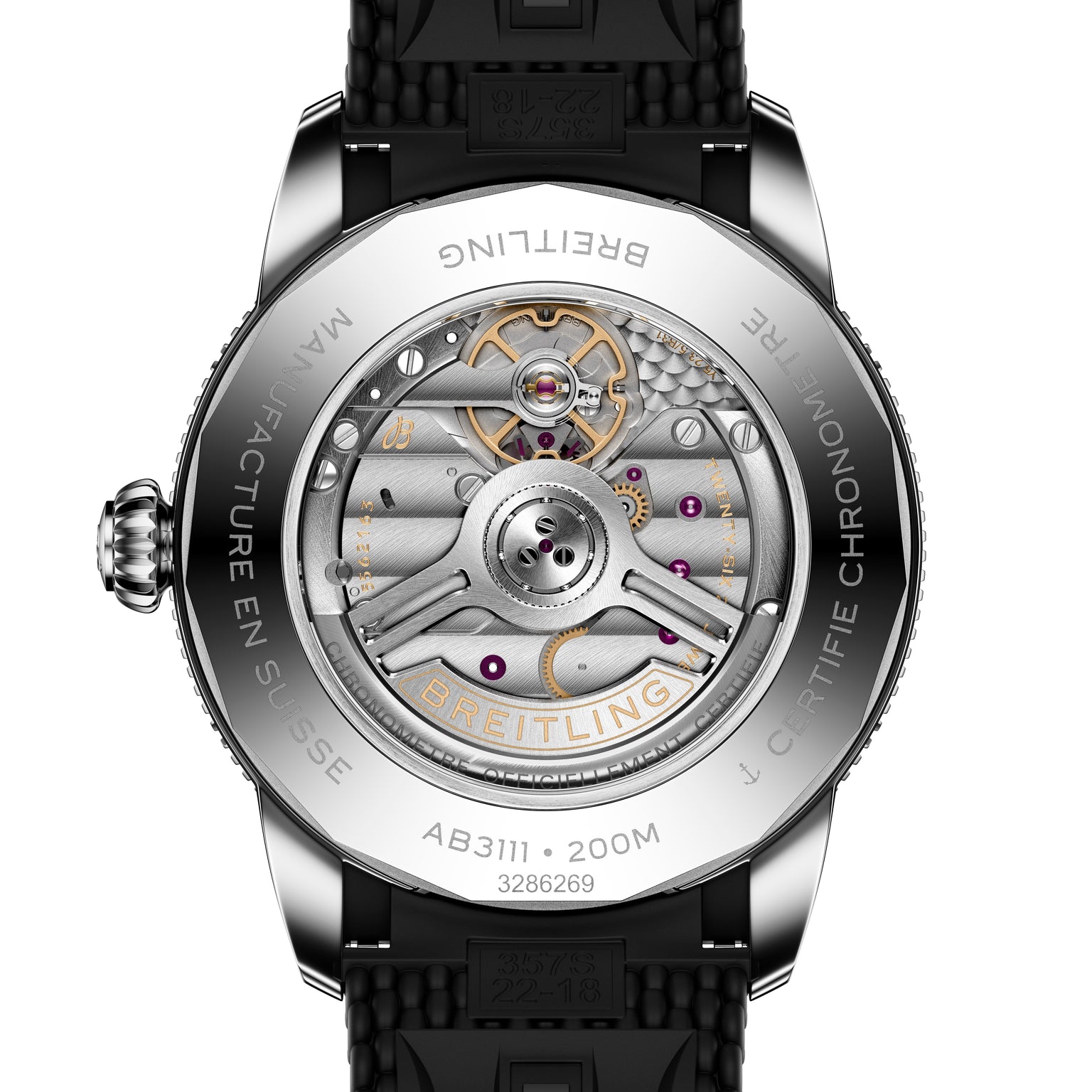 Close-up of the Breitling Superocean Heritage B31 Automatic 42’s transparent case back revealing intricate mechanical movement and detailed engravings.