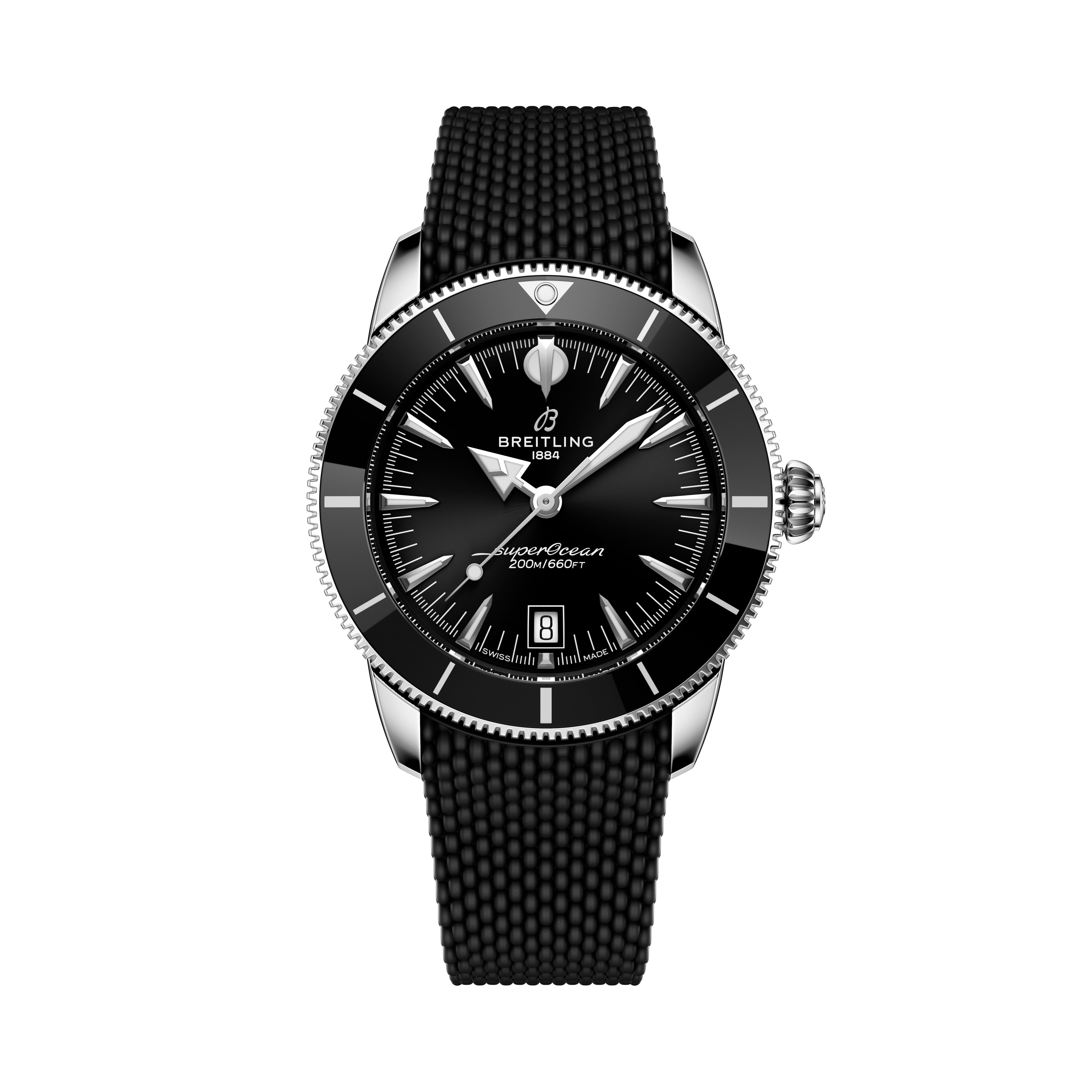 A Breitling Superocean Heritage B31 Automatic 42 in black, featuring a black strap and silver accents, displays the time 10:08.