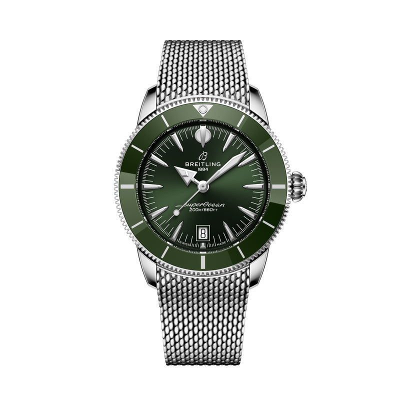 The Breitling Superocean Heritage B31 Automatic 42 features a green dial, silver mesh band, date display, and luminous hands.