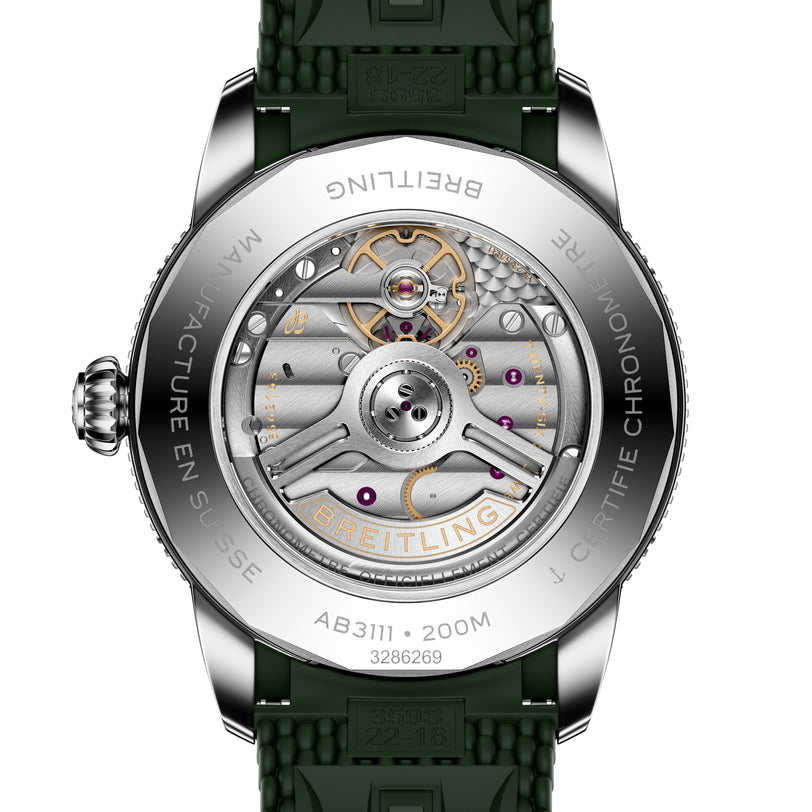 Close-up of the Breitling Superocean Heritage B31 Automatic 42s transparent case back, revealing its intricate mechanical movement.