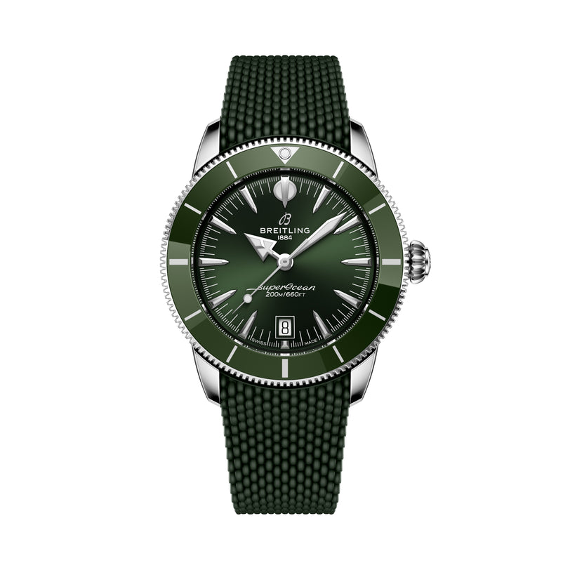 A green Breitling Superocean Heritage B31 Automatic 42 watch with a textured strap and silver accents, displayed on a white background.