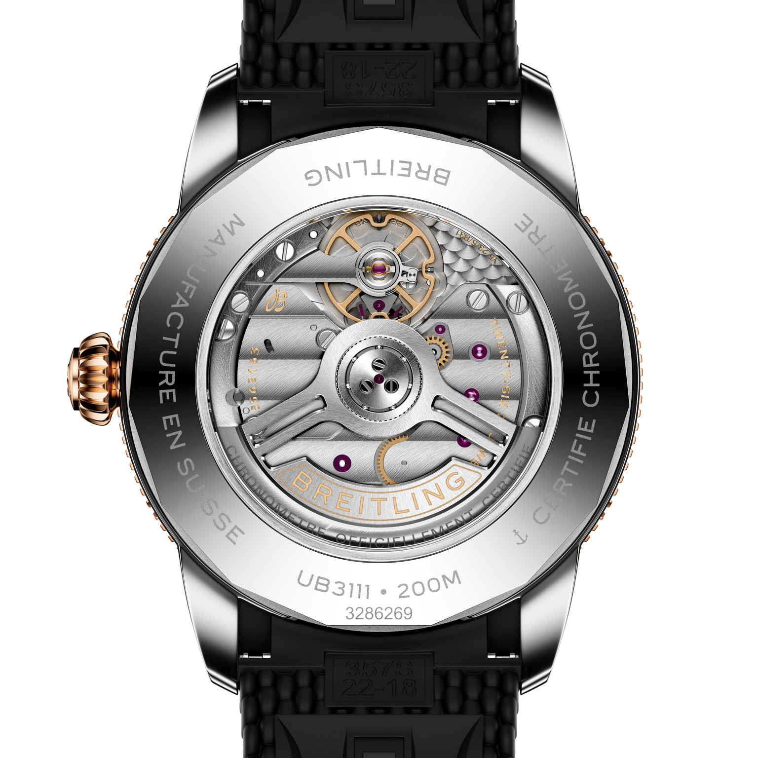 Close-up of the Breitling Superocean Heritage B31 Automatic 42 watch back, showcasing its exposed automatic movement and engraved details.