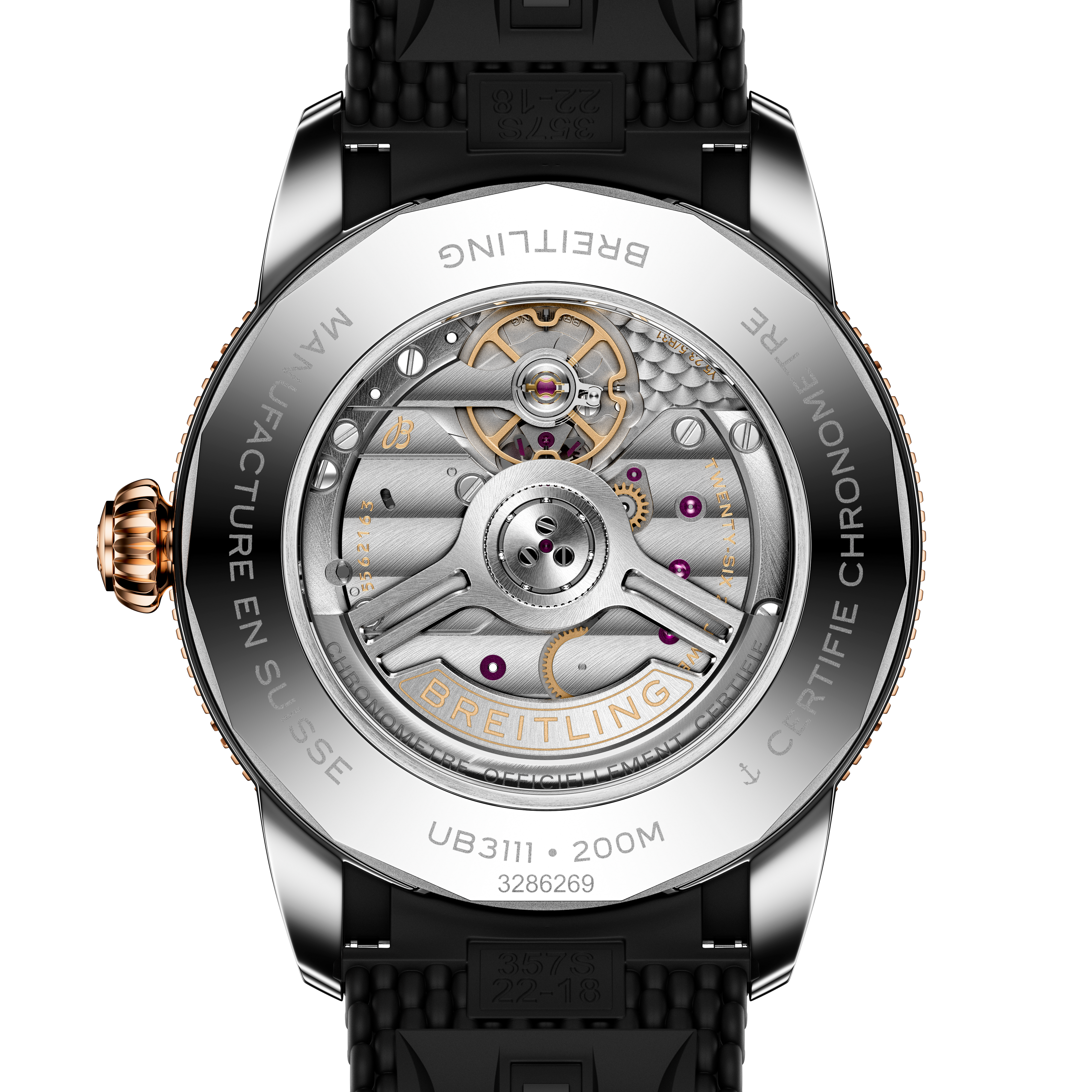 Close-up of the Breitling Superocean Heritage B31 Automatic 42 watch back, showcasing its exposed automatic movement and engraved details.