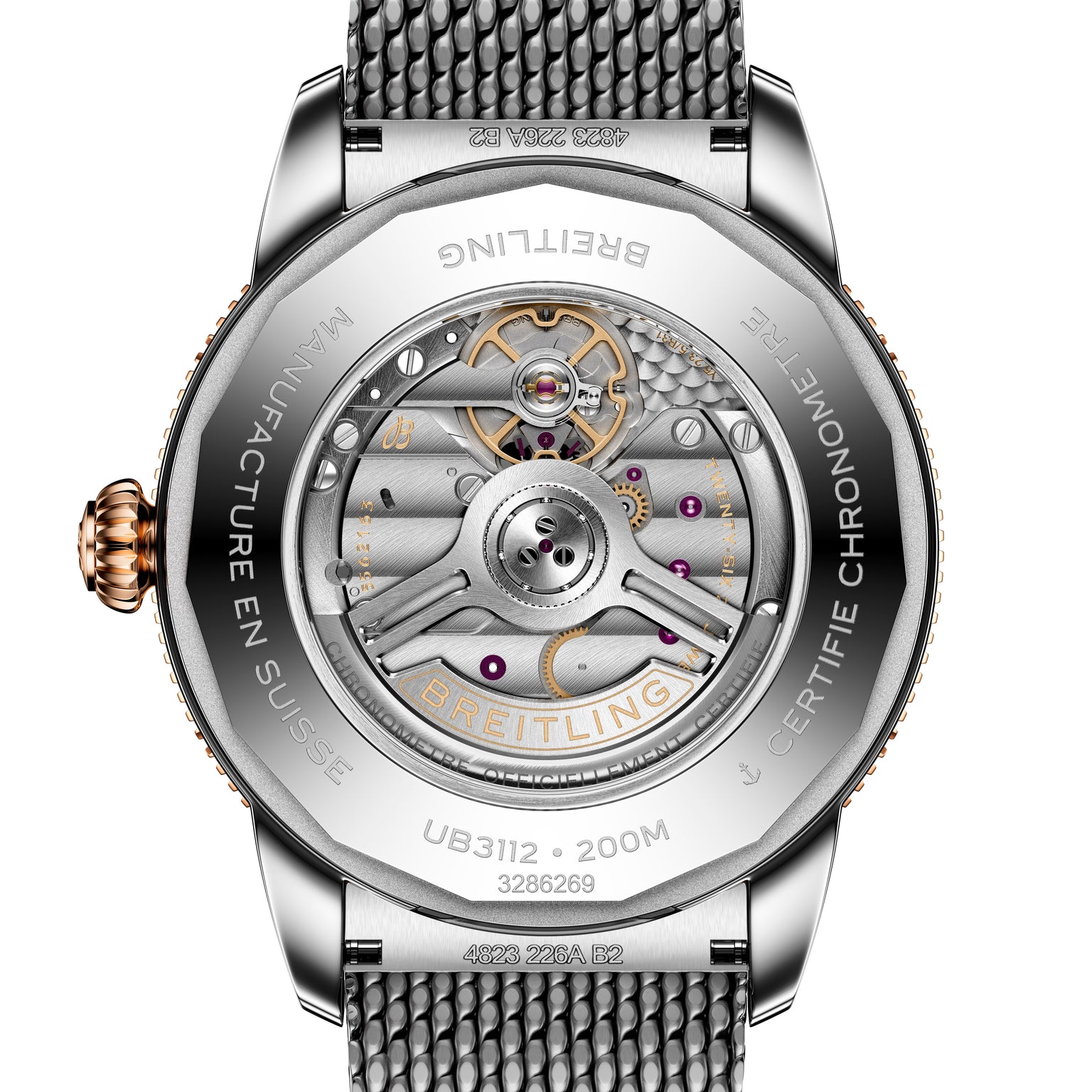 Close-up of the back of the Breitling Superocean Heritage B31 Automatic 44, displaying intricate mechanical movement and engraved details.