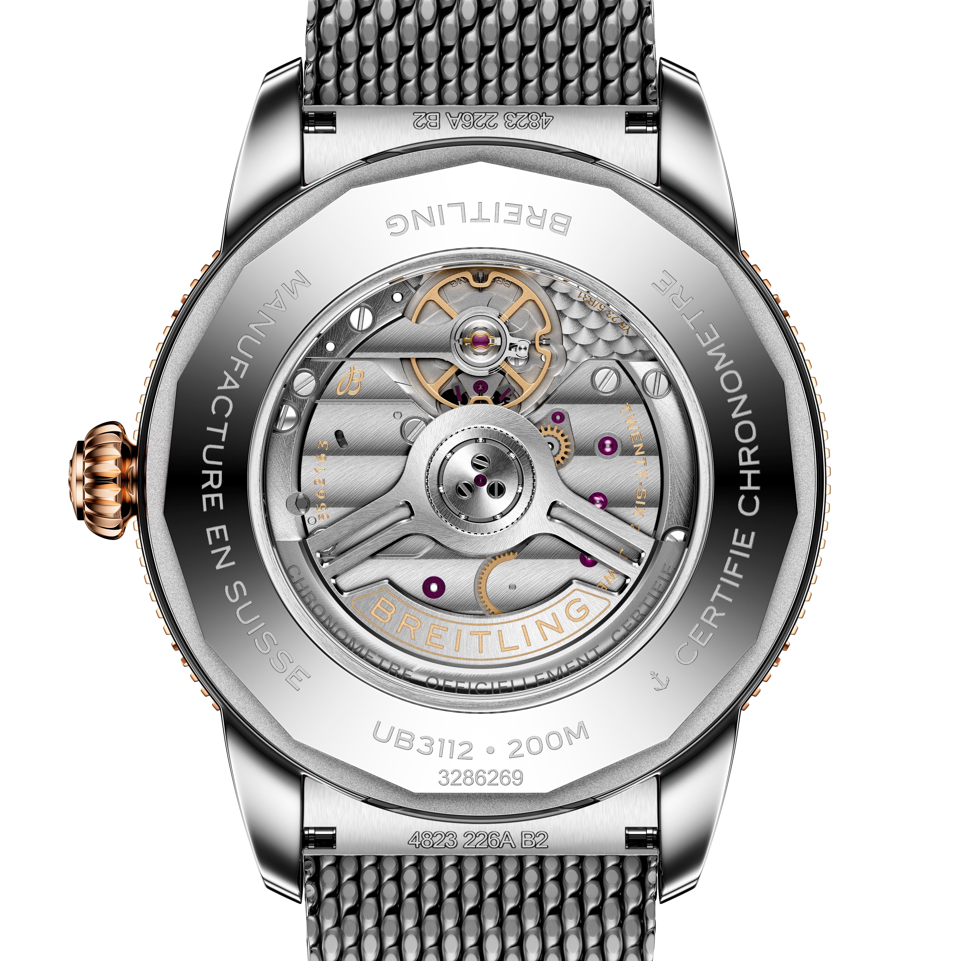 Close-up of the back of the Breitling Superocean Heritage B31 Automatic 44, displaying intricate mechanical movement and engraved details.