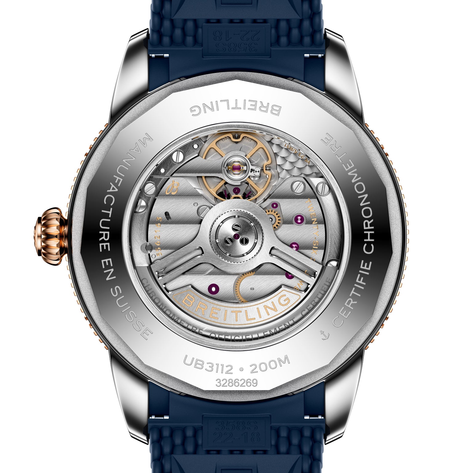 Close-up of the Breitling Superocean Heritage B31 Automatic 44’s transparent case back, showcasing its detailed mechanical movement and engraved markings.