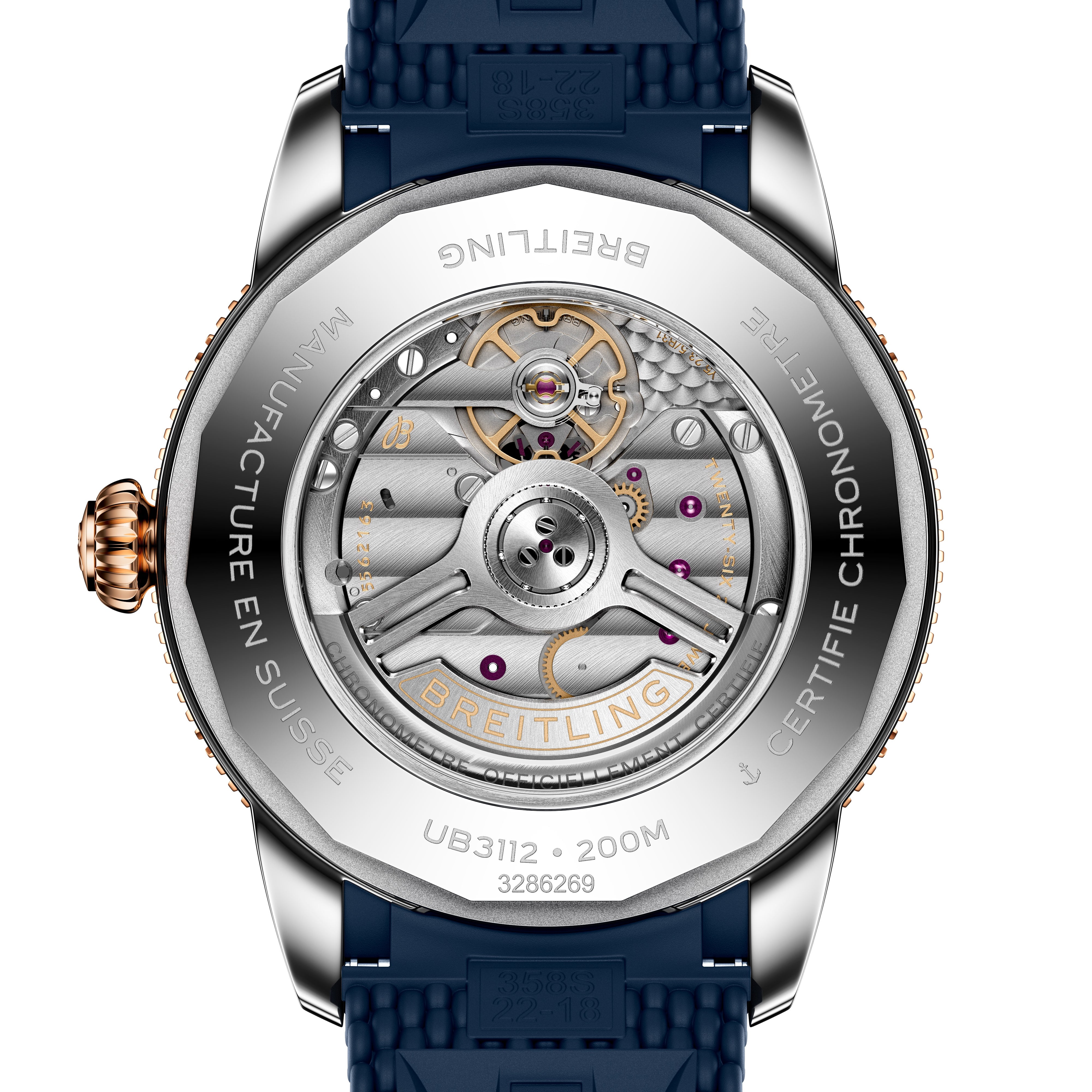 Close-up of the Breitling Superocean Heritage B31 Automatic 44’s transparent case back, showcasing its detailed mechanical movement and engraved markings.