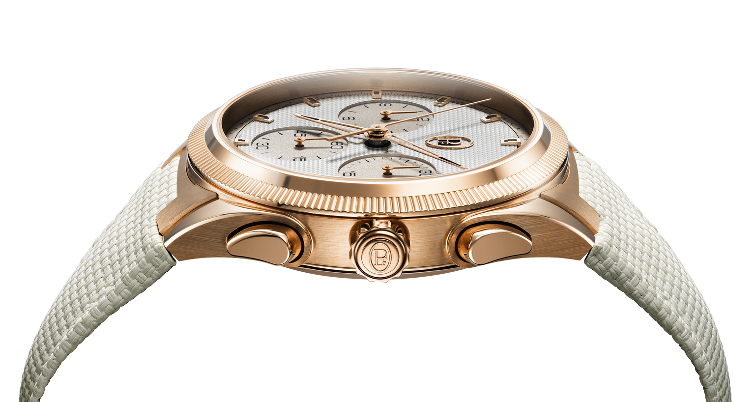 Side view of the Parmigiani Fleurier TONDA PF Sport gold luxury wristwatch, featuring a white textured strap and a white dial with multiple subdials.