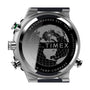 The back of the Timex G SS QZ SW TIDE TEMP COMPSS 45 BLU DL 25 watch shows an engraved world map, branding, and side chronograph buttons. The text highlights its tide tracker, temperature sensor, and compass functions.