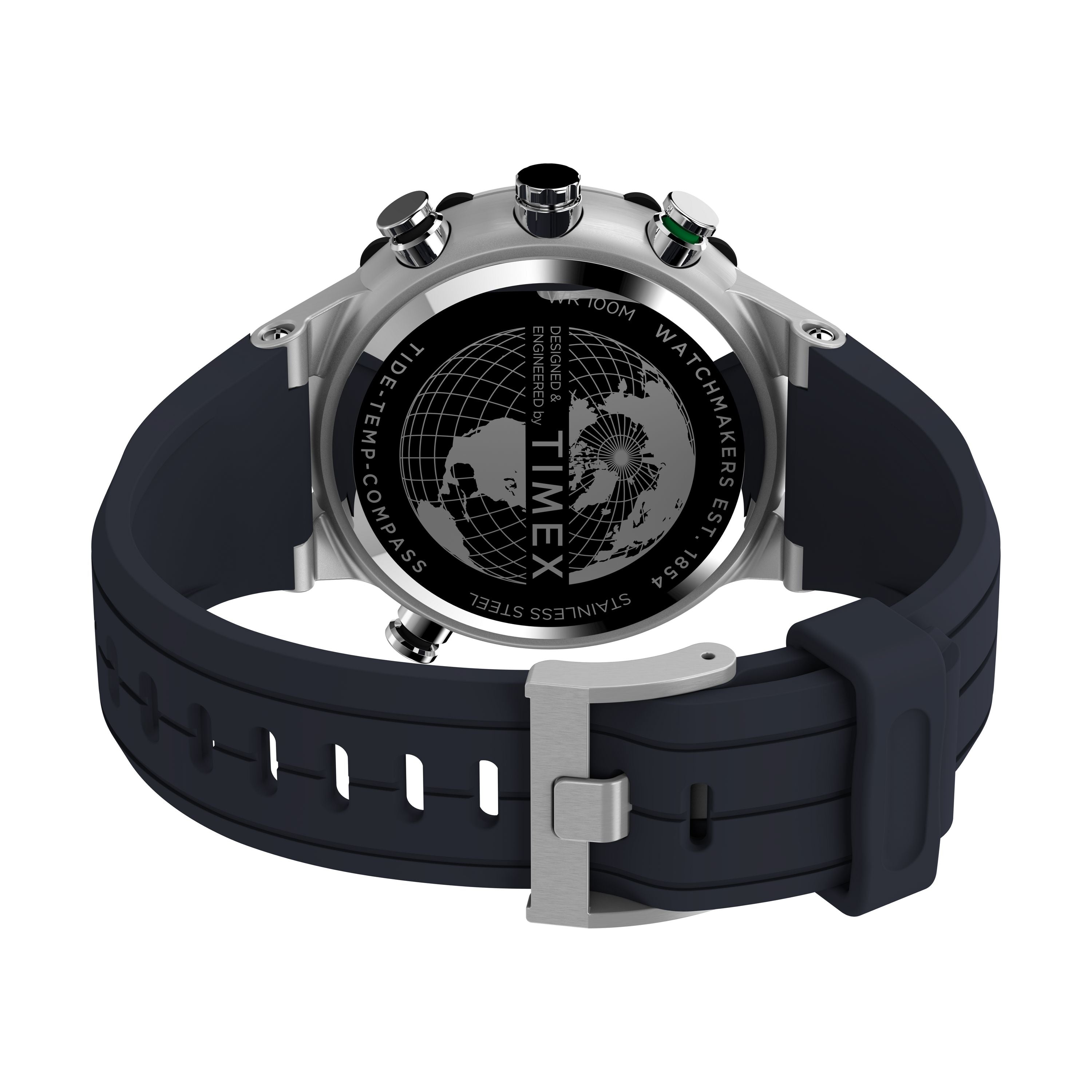 A close-up of the Timex G SS QZ SW TIDE TEMP COMPSS 45 BLU DL 25 wristwatch’s back shows a black silicone strap, metal case with an engraved world map, tide tracker, and technical markings.