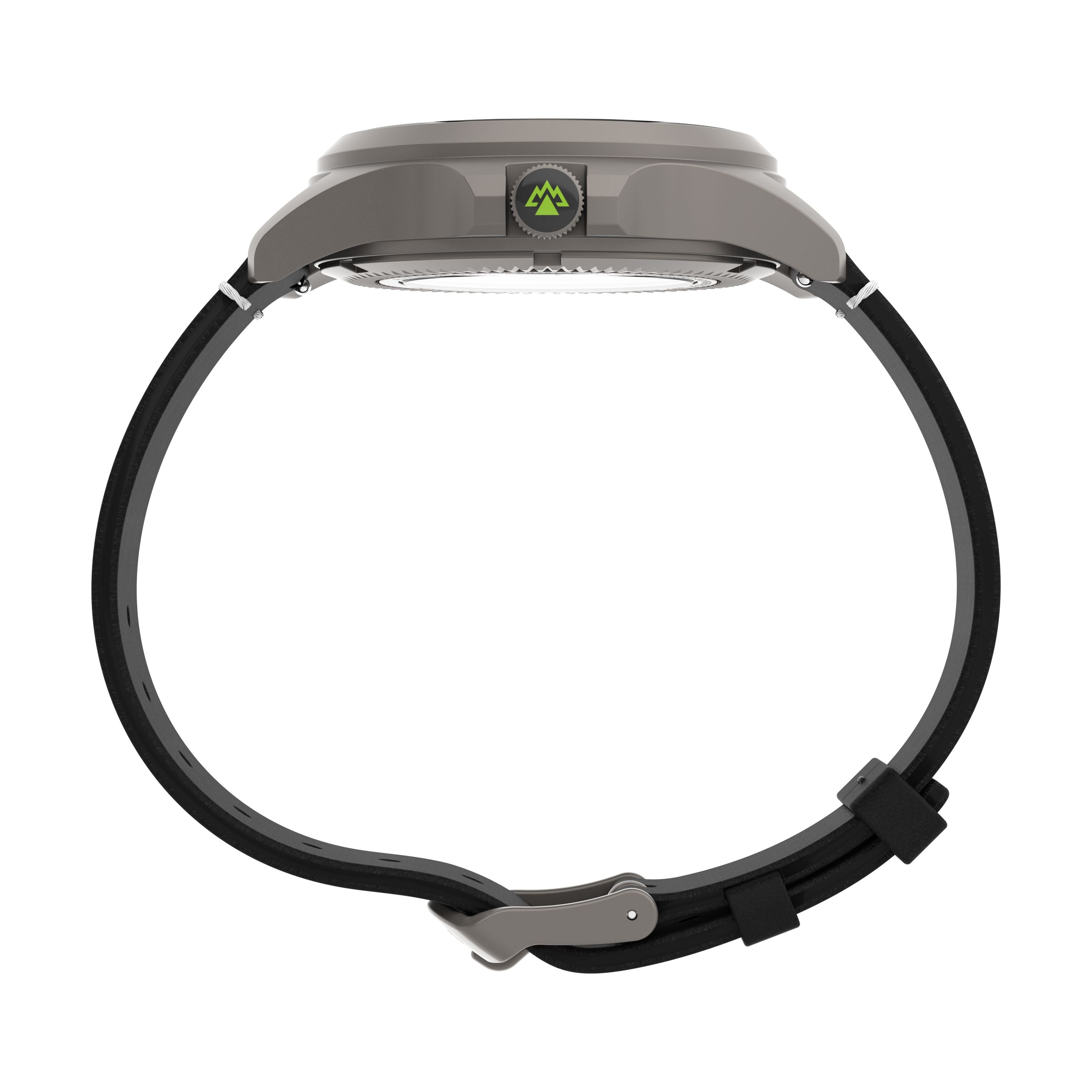 A side view of the Timex Expedition Titanium Automatic shows its gray round case, small green mountain logo on the side, scratch-resistant sapphire crystal, and a black buckle strap curved downward.