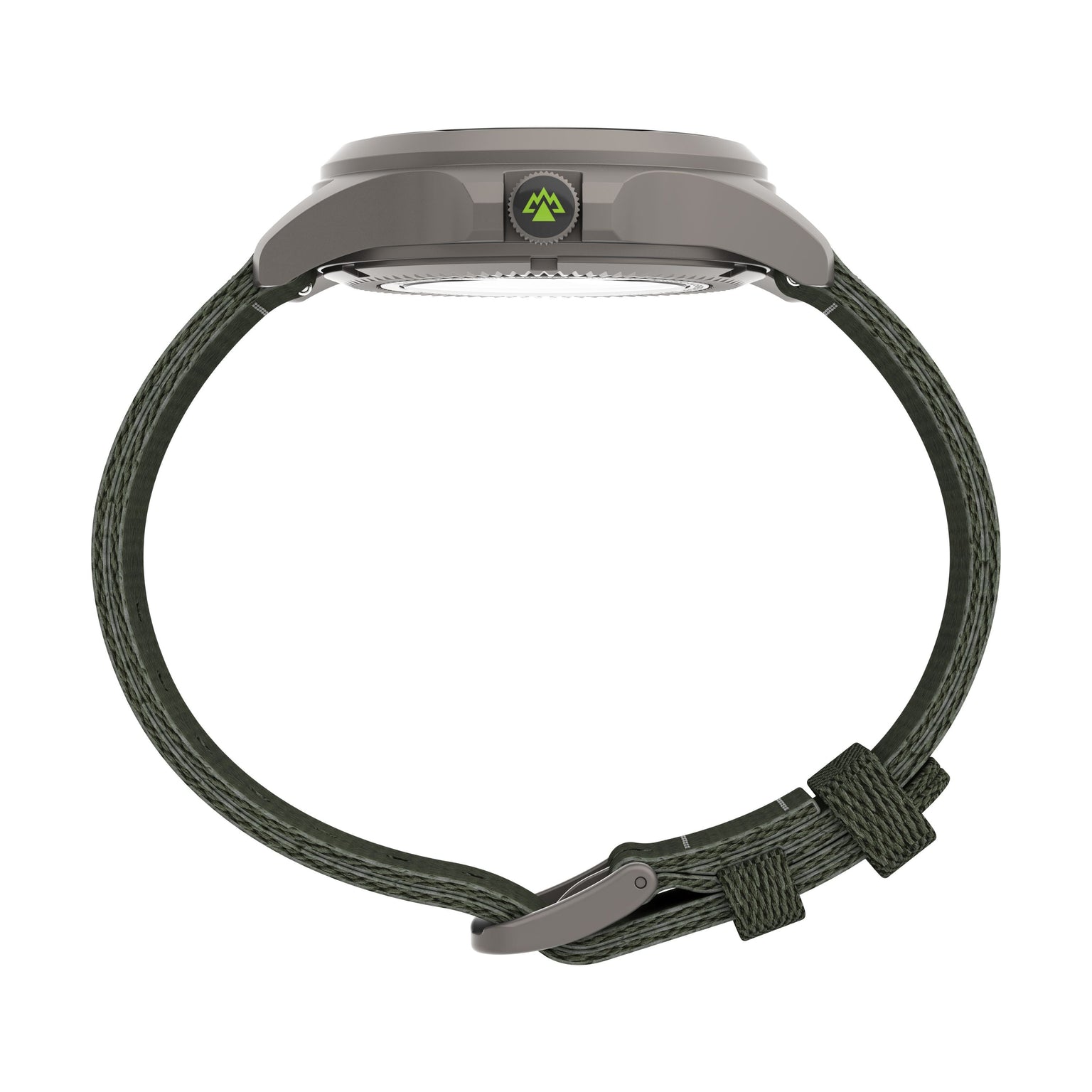 Side view of the Timex Expedition Titanium Automatic wristwatch, featuring a gray titanium case, dark green textured strap with matching buckle, and a subtle mountain logo on the side.