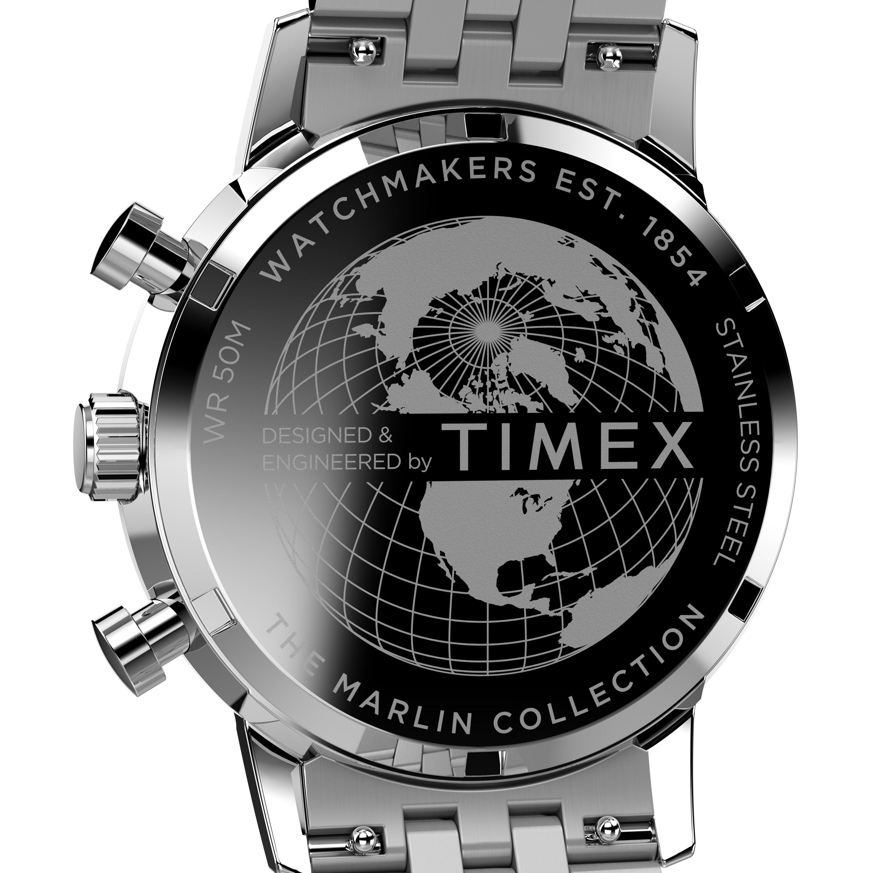 Close-up of the back of a Timex Marlin® Chronograph Tachymeter, showing an engraved world map, Timex branding, and text describing its stainless steel construction, quartz movement, and 50-meter water resistance.