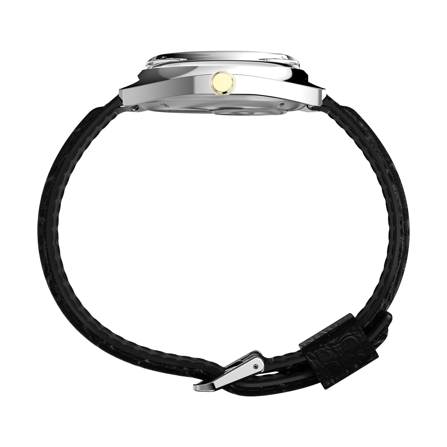 Side view of the Timex Q 1978 Day/Date watch with black leather strap, silver case, and gold crown on a white background. The strap’s buckle and stitching are shown, emphasizing its classic quartz movement.