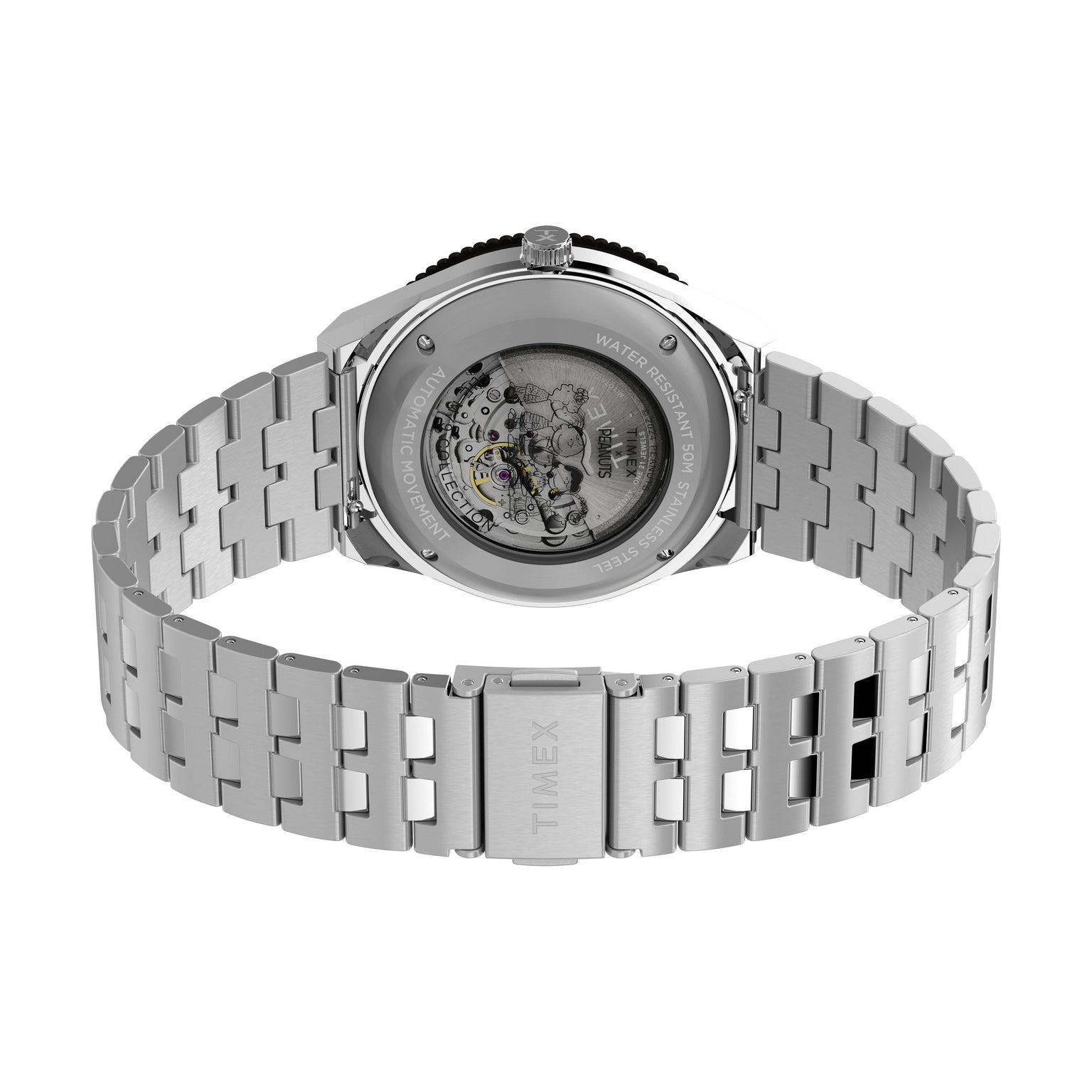 The Timex G SS AU PEANUTS M79 40 BLU DL SS BLT 25 wristwatch is displayed from the back, showcasing its stainless-steel bracelet, transparent case back, and intricate automatic movement.