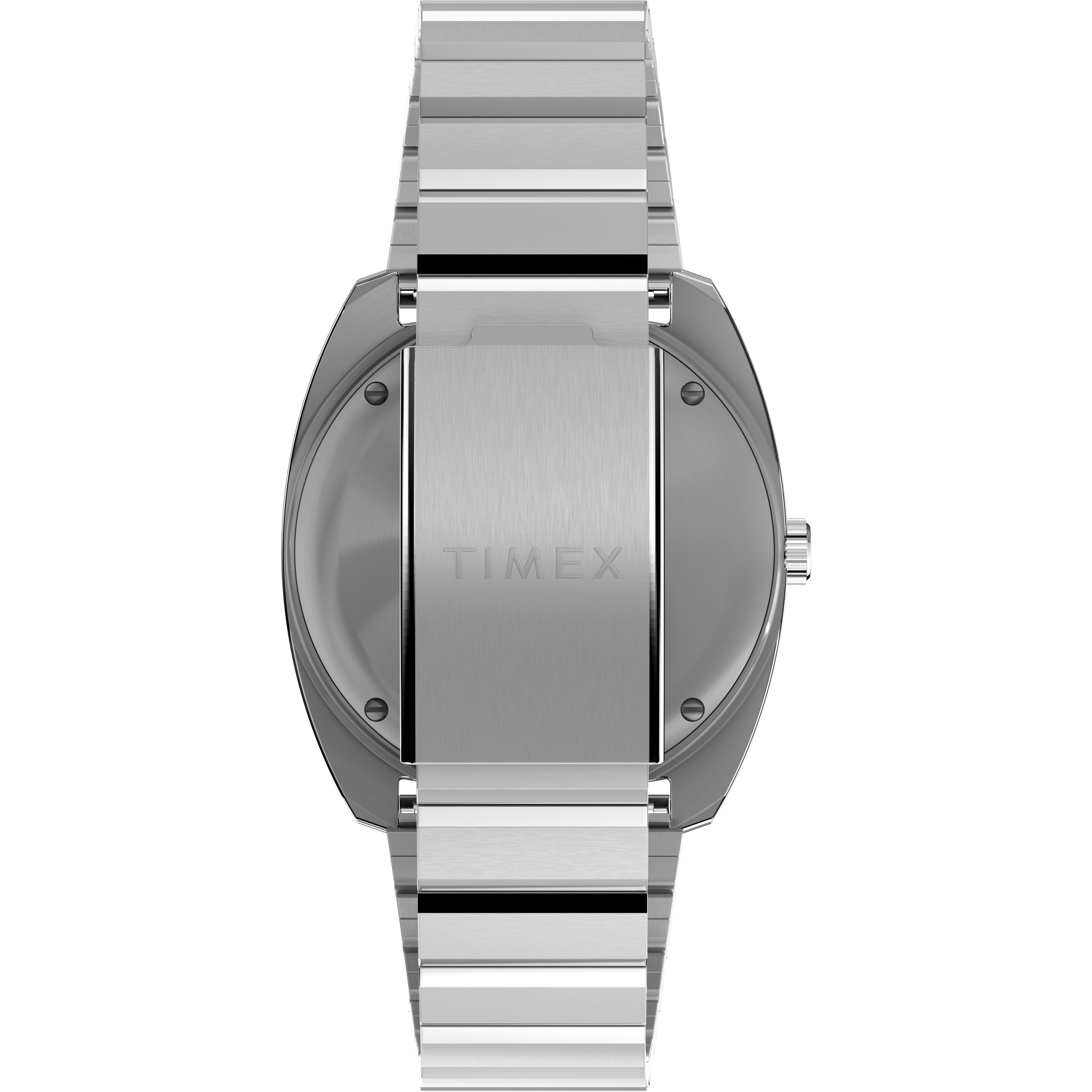 A close-up of the Q Timex 1975 Enigma Reissue’s case back, featuring the Timex brand engraved on its metal band and highlighting its reliable quartz movement.