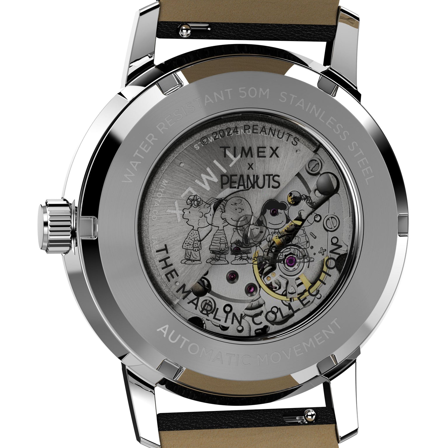 The Timex x Peanuts Marlin® Automatic Saxophonist showcases a visible automatic movement and engraved Peanuts artwork on the caseback, along with Timex branding and technical details around the edge.
