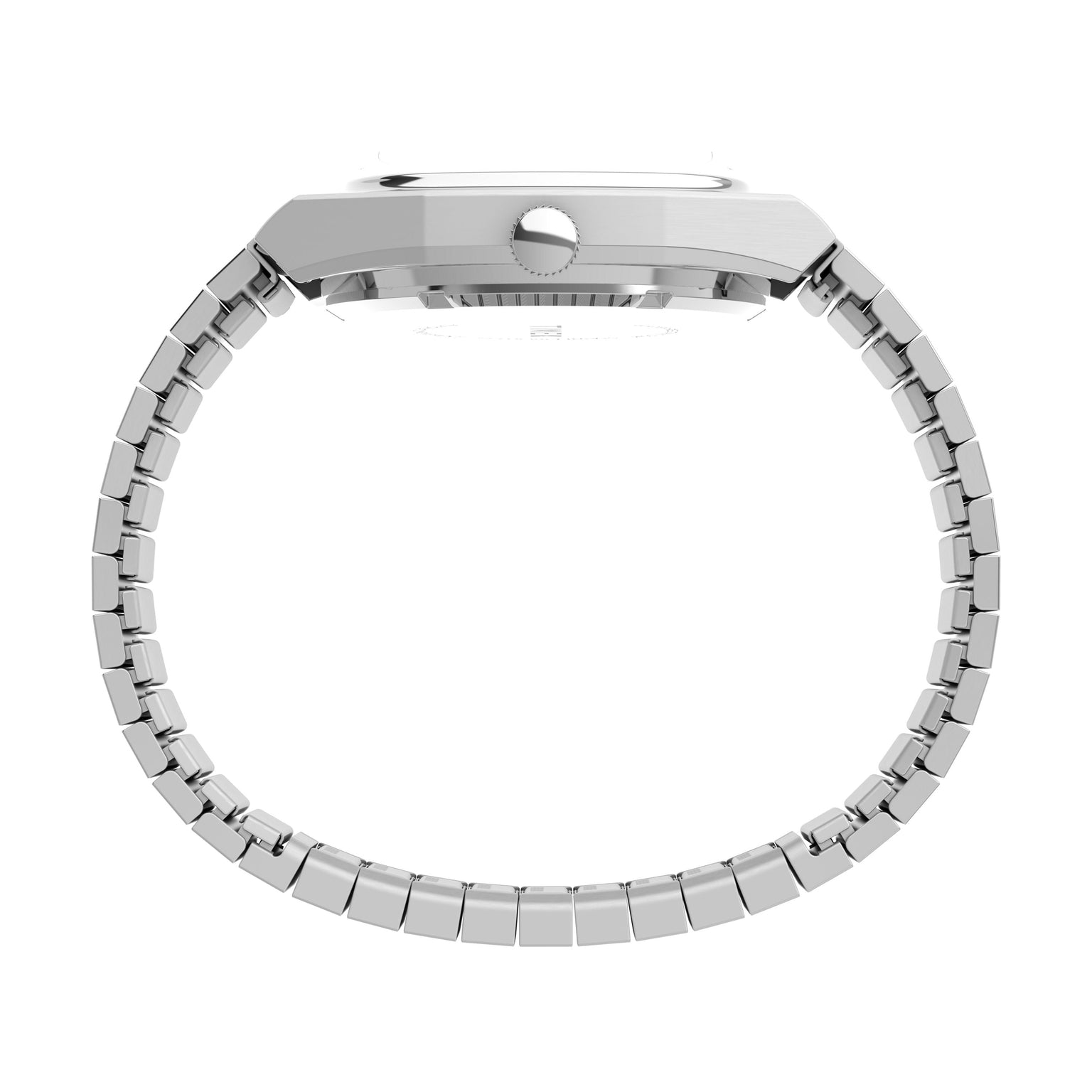 Side view of the Timex Automatic 1983 E Line Reissue, a stainless-steel dress watch with a thin rectangular face and linked bracelet band, featuring precise Japanese automatic movement, shown against a white background.