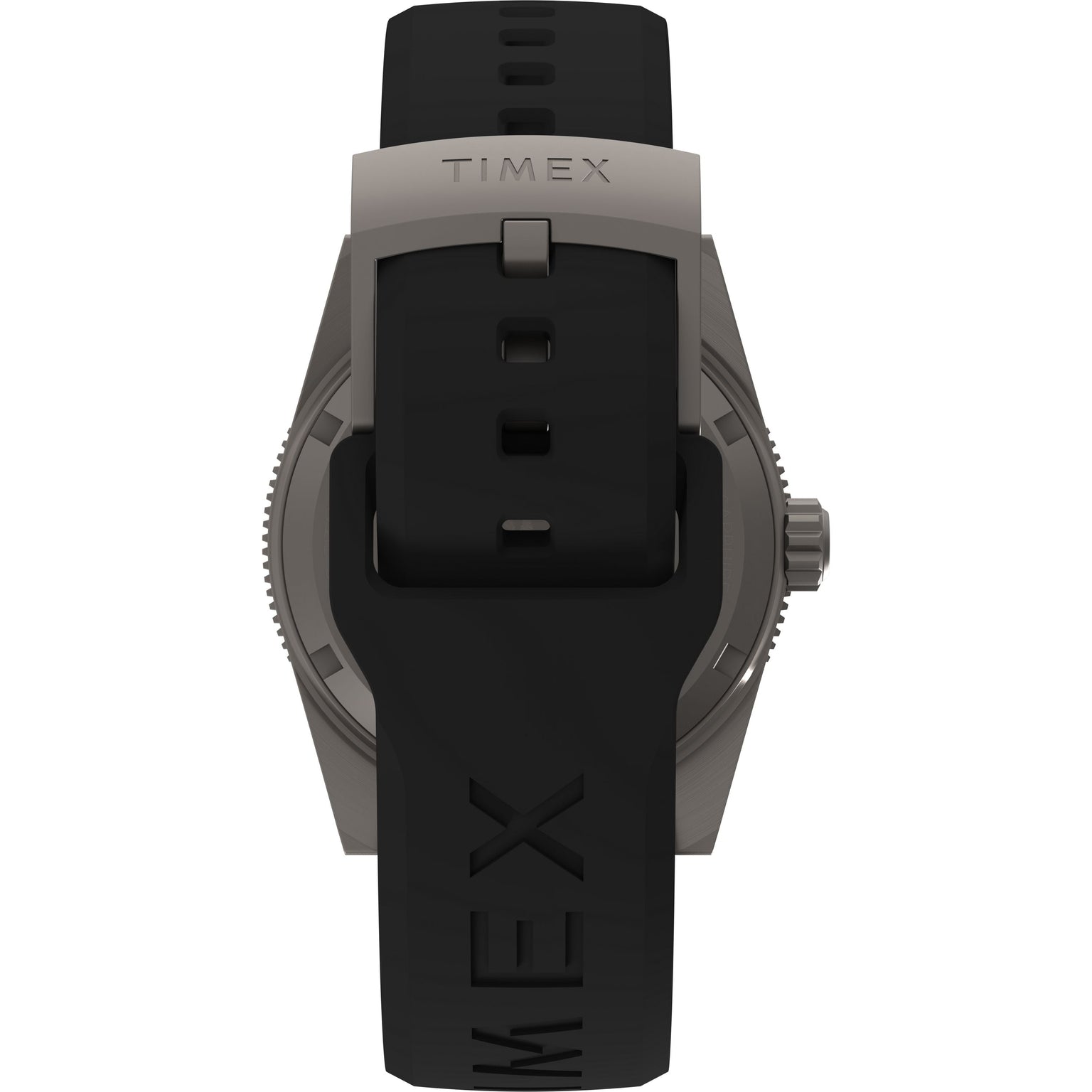 A close-up of the Timex G TI AU SW DEEP WTR REEF 41 BLAK DL 25 shows its titanium case, crown, sapphire crystal, and a black rubber strap with TIMEX embossing and silver buckle.