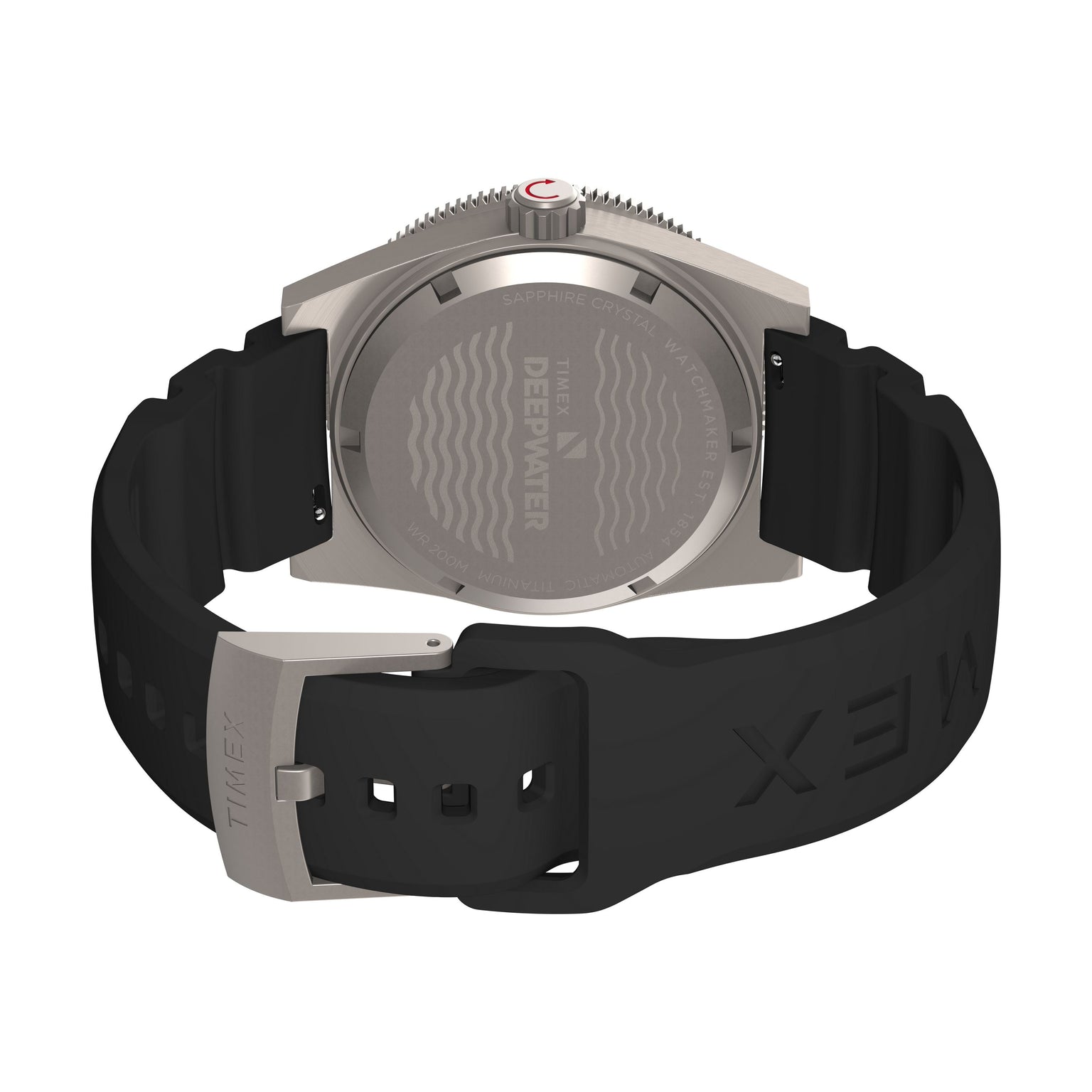 A close-up of the Timex G TI AU SW DEEP WTR REEF 41 BLAK DL 25 showcases its engraved metal caseback, black rubber strap with TIMEX logo, metal buckle, and 200m water resistance.