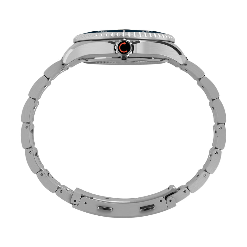 Side view of the Timex G SS QZ BW DEEP WTR MERDIAN 44 BLU DL 25, a silver recycled stainless-steel dive watch with a round face, link band, and black crown accented by an orange ring, photographed against a white background.