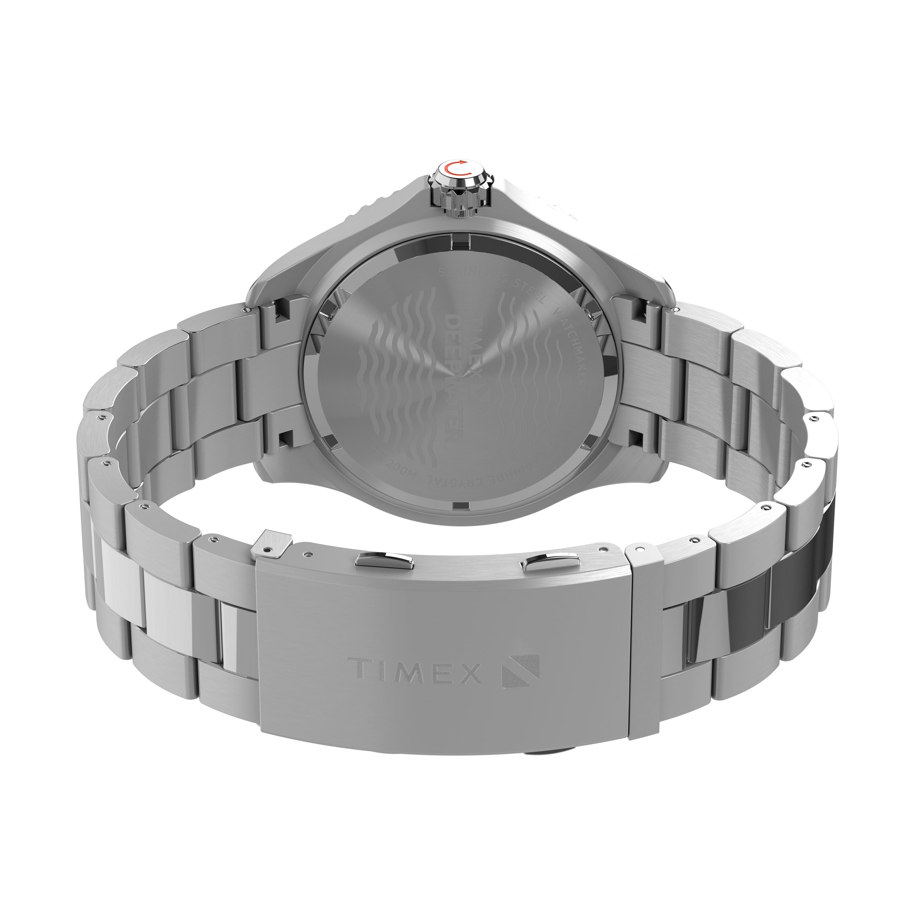 A close-up rear view of the Timex Deepwater Meridian 200 dive watch, displaying the stainless steel clasp with TIMEX engraved on the band and a visible watch case back.